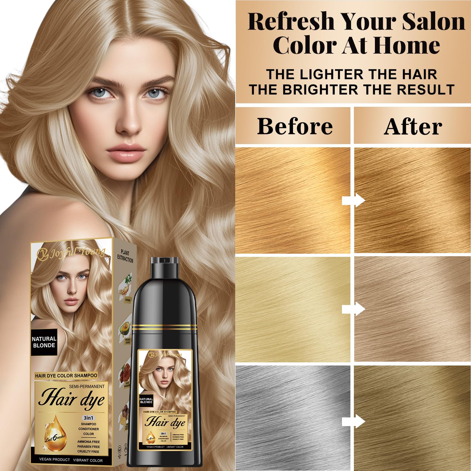 Sienna Joyful Young Hair Dye Shampoo 3-in-1, Natural Blonde Semi-Permanent Gray Hair Coverage, Color Depositing Shampoo for Women & Men, Vegan, Ammonia-Free