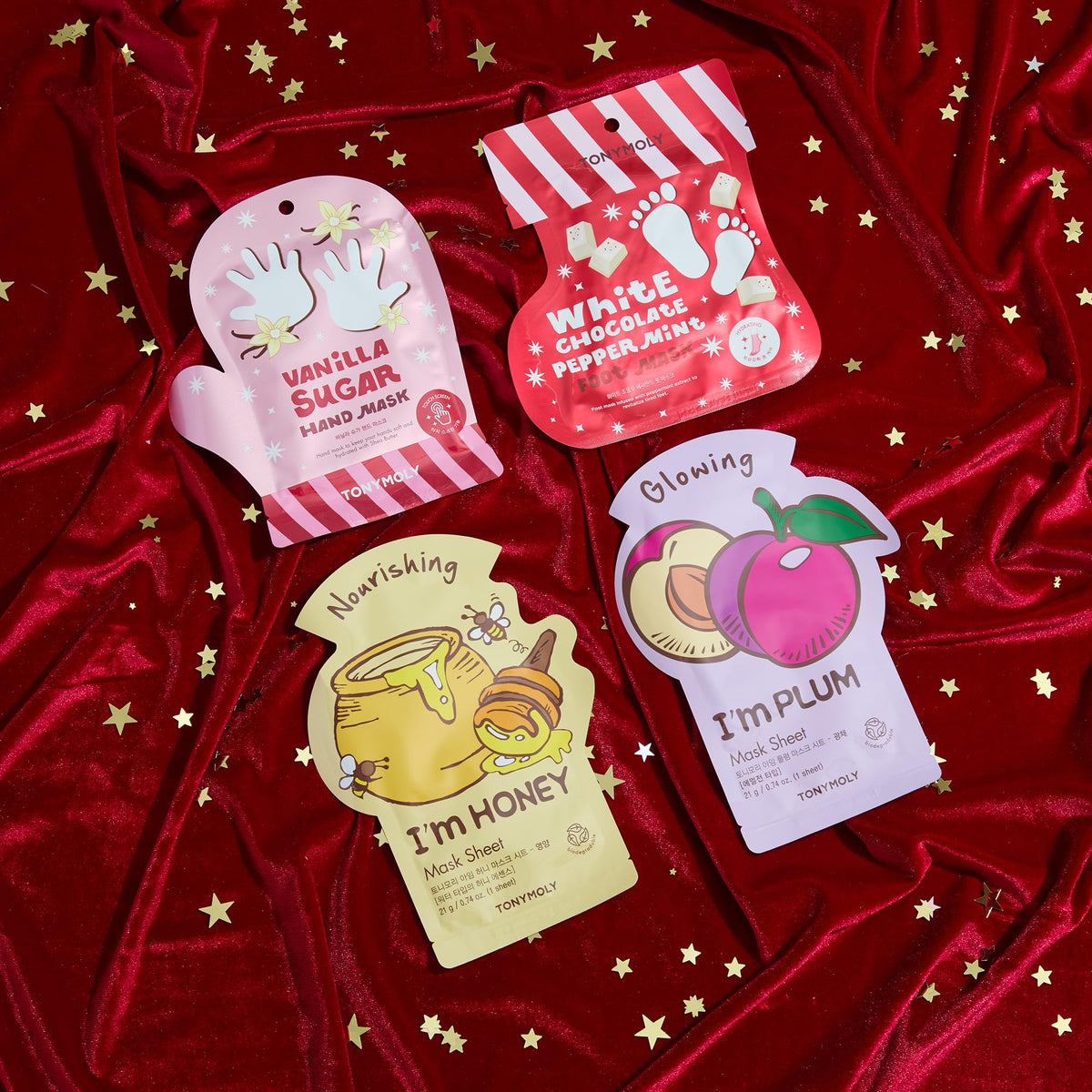 Dark Red TONYMOLY Head to Toe Mask Set - Face, Hand & Foot Skincare Mask Pack, 4pk