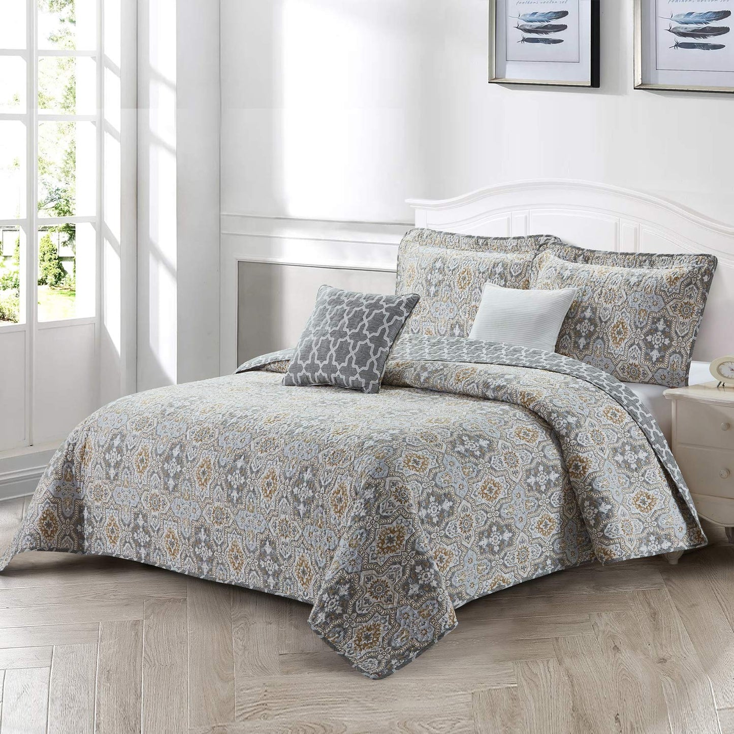 Lavender Home Soft Things Lanza Printed Microfiber Quilt Oversize King 122" x 106" 5 Piece Bedding Set with Matching Shams Pillows, Mustard Gray Blue Floral Design Reversible Bedspread Coverlet