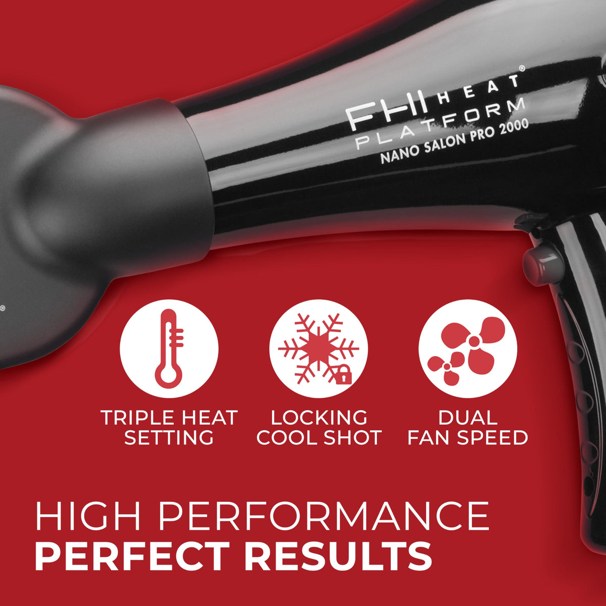 Firebrick FHI HEAT Platform Nano Power Salon Pro 2000 Tourmaline Ceramic Quick Dry Hair Dryer with 3 Piece Attachment Set (Comb, Concentrator, and Diffuser), Black