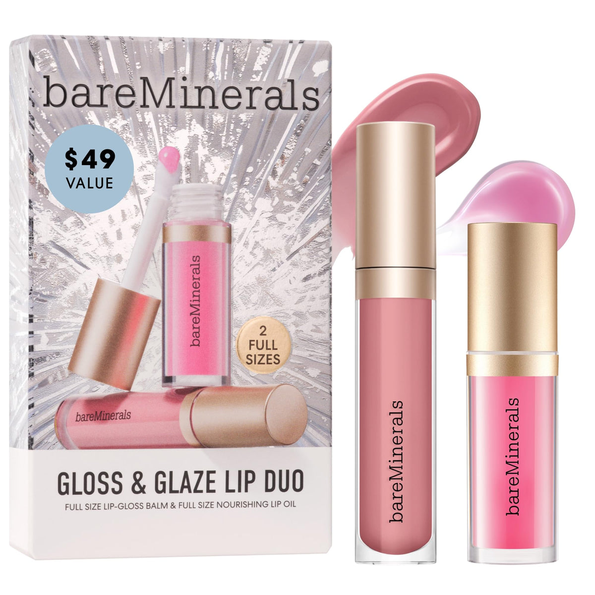 White Smoke bareMinerals Gloss & Glaze Duo, Gloss Balm + Nourishing Lip Oil, 2 count