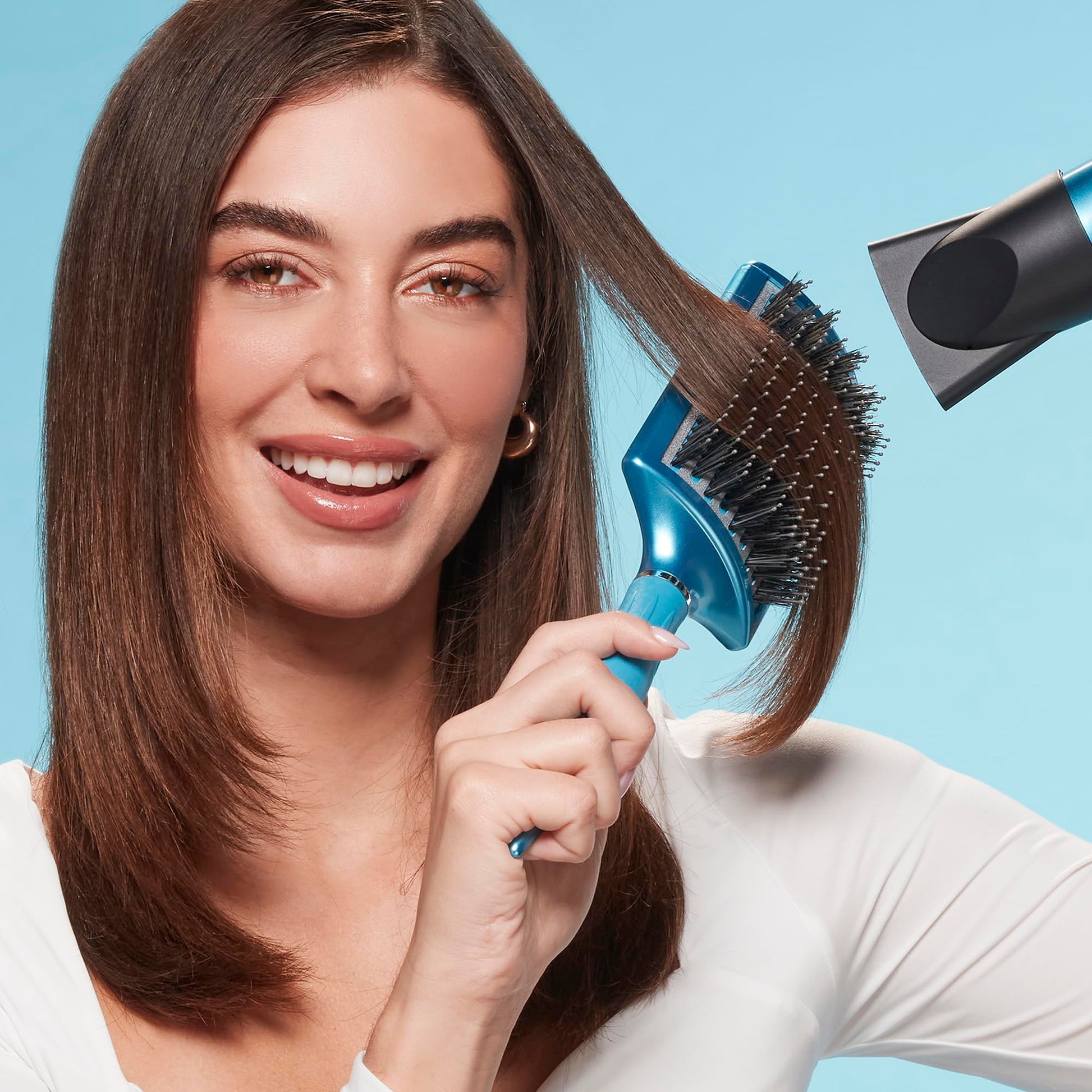 Light Blue BaBylissPRO Nano Titanium Curved Boar & Nylon Paddle Brush, Fast Blow-Dry Styling Brush for Smooth, Shiny Hair, Ideal for All Hair Types