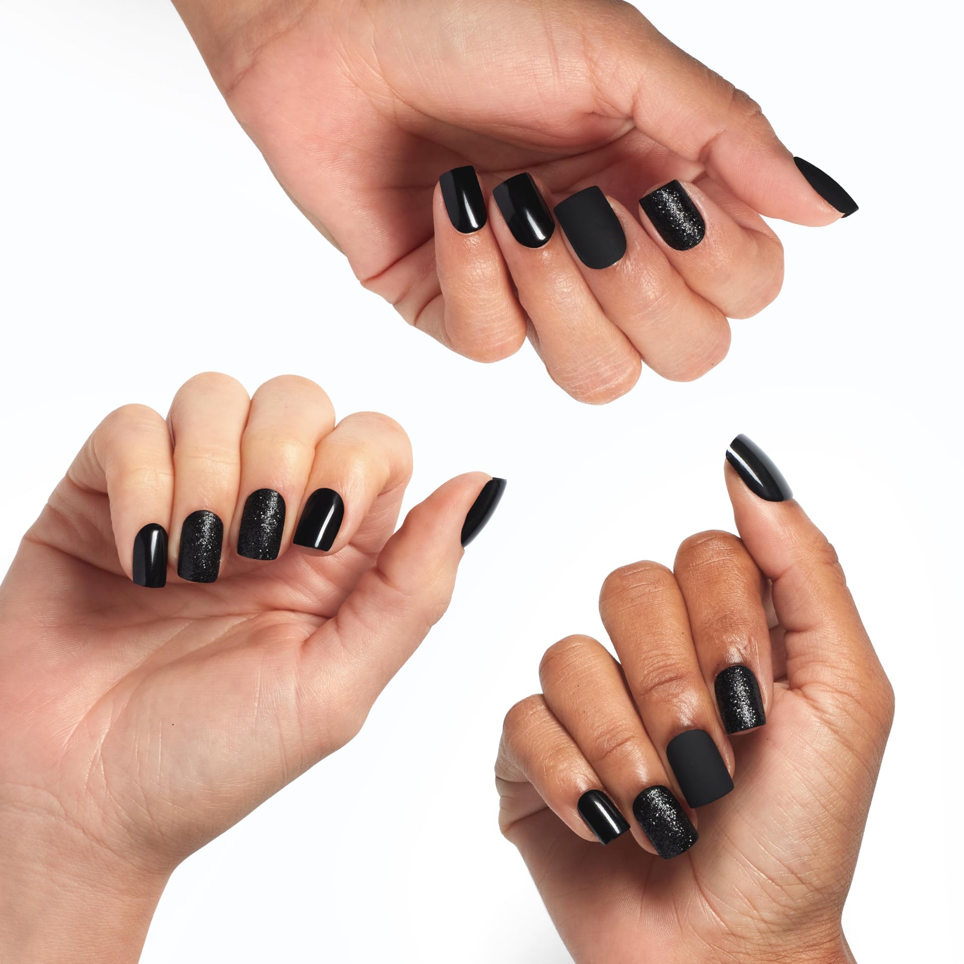 White Smoke OPI On Point Little Black Onyx Dress | Short Squoval Black Matte with Accent Glitter Nail Art Press On Nails | 30 Count with Nail Glue | Long Lasting, Reusable, Non-damaging