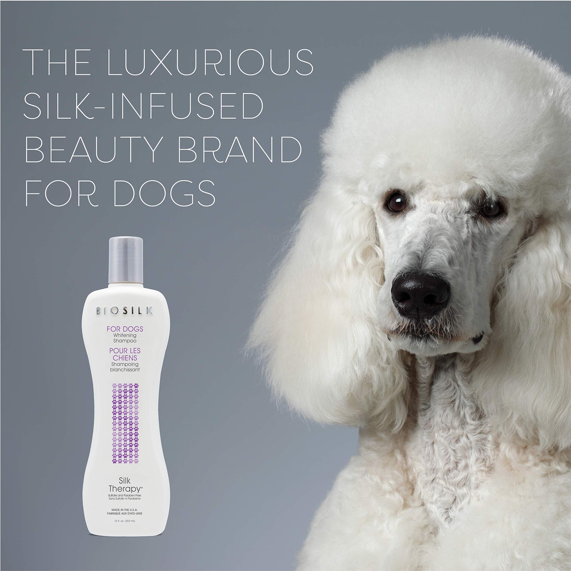 Slate Gray BioSilk Silk Therapy Whitening Dog Shampoo, Brightening Pet Shampoo with Silk Protein for White and Light Colored Coats, Enhances Shine and Softness, pH Balanced Dog Wash, 12 Fl Oz