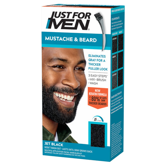 White Smoke Just For Men Mustache & Beard Multiple Uses Beard Coloring for Gray Hair with Brush, With Keratin Biotin Aloe and Coconut Oil for Healthy Facial Hair - Jet Black, M-60, Pack of 1 (Packaging May Vary)