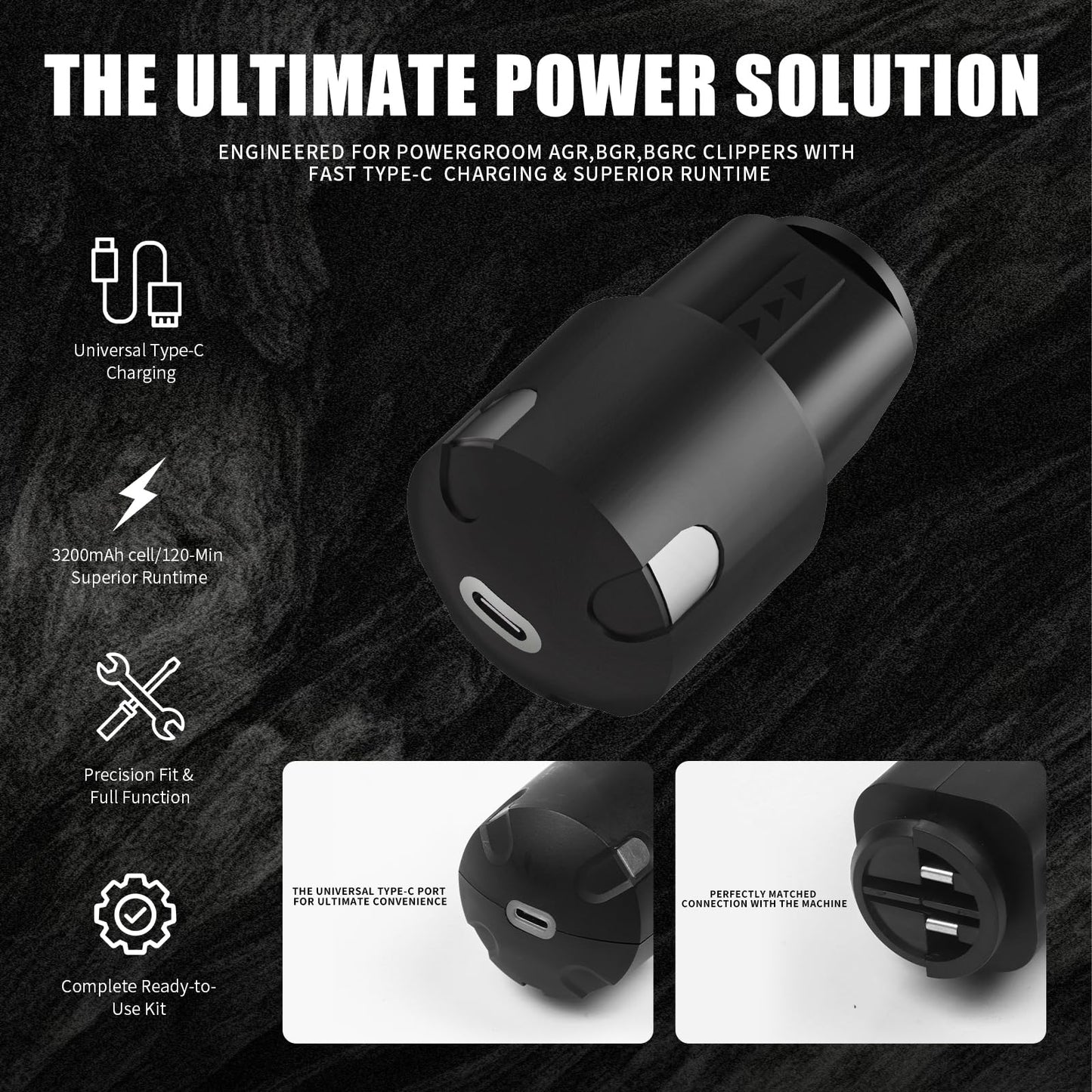 Black BLOTMS Upgraded Replacement Battery Compatible with Andis PowerGroom AGR,BGR,BGRC Clippers-3200mAh Long-Lasting Li-ion Power, Type-C Charging w/Fast Charge Kit (Adapter & Cable) （1 Pack）