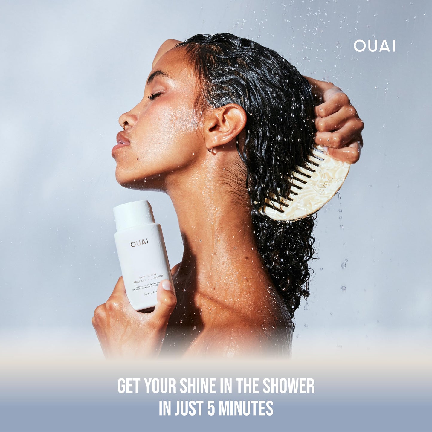 Light Gray OUAI Hair Gloss - In-Shower Shiny Hair Treatment & Glaze with Frizz Control - Heat Protectant Infused with Hyaluronic Acid, Rice Water & Panthenol - Paraben, Phthalate & Sulfate Free (6 Oz)