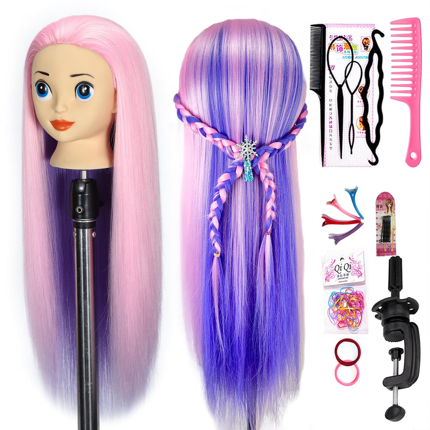 White Smoke Mannequin Head with 26 inch Long Synthetic Fiber Colorful Hair Styling Training Head Manikin Cosmetology Doll Head Hairdressing Training Model for Cutting Braiding Practice and Free Clamp Holder