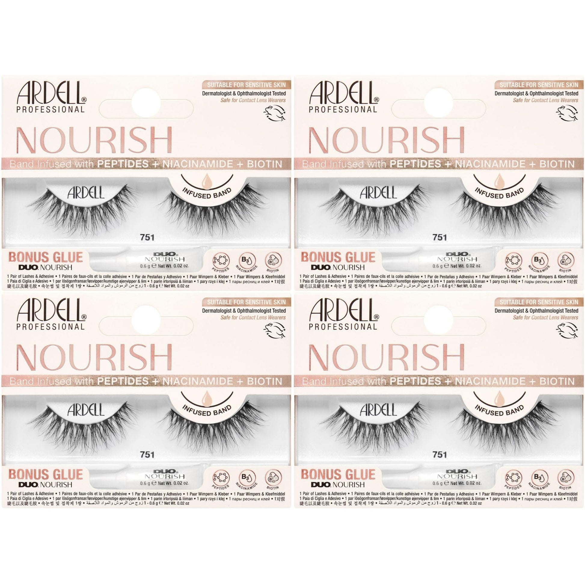 Misty Rose Ardell Nourish Lashes 751 – False Eyelashes with Peptides & Biotin Infused Band, Lash Glue Included, Natural Wispy Strip Lashes for Sensitive Eyes, 4 Pack
