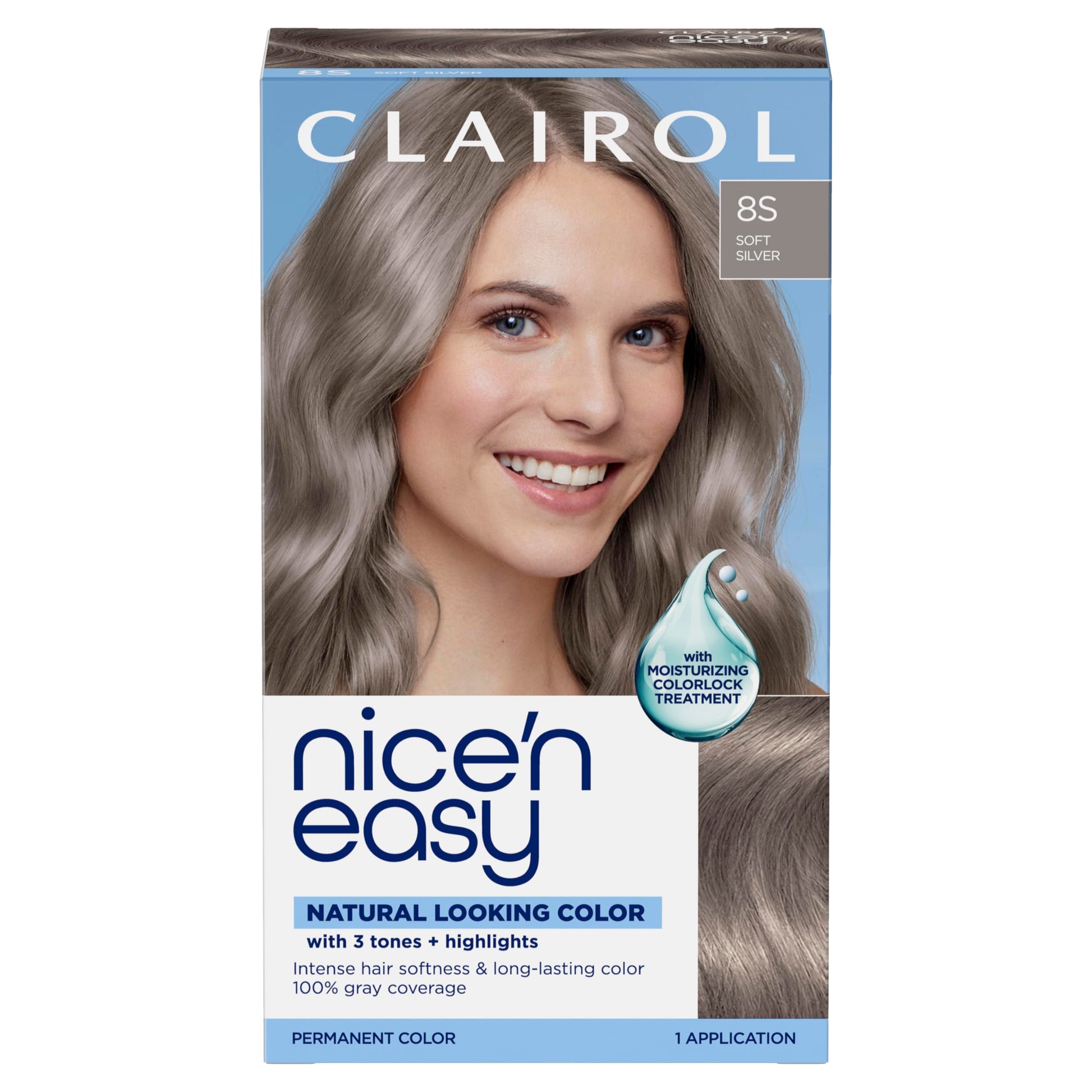 White Smoke Clairol Nice'n Easy Permanent Hair Dye, 8S Soft Silver Hair Color, Pack of 1 - Packaging May Vary