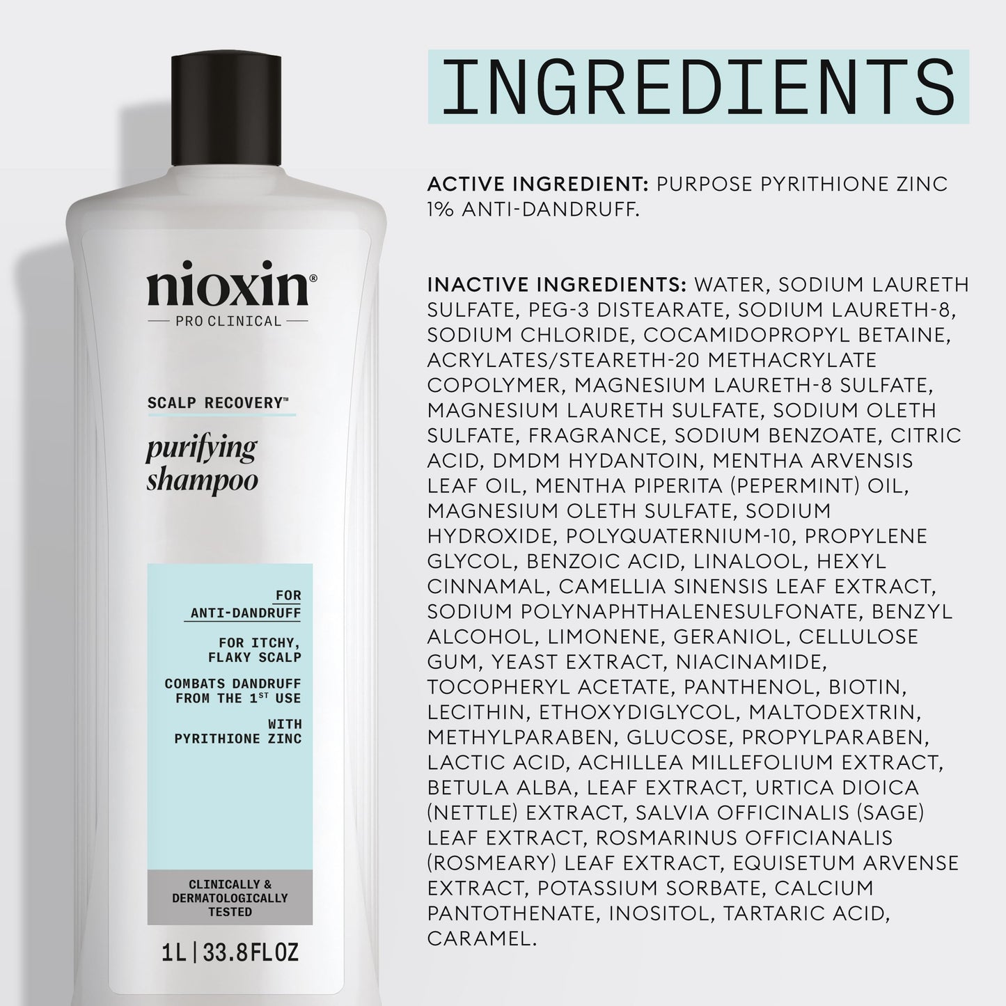 Light Gray Nioxin Scalp Recovery Purifying Shampoo | For Dandruff and Itchy Scalp | With Pyrithione Zinc and Green Tea Extracts| 33.8 Fl oz.