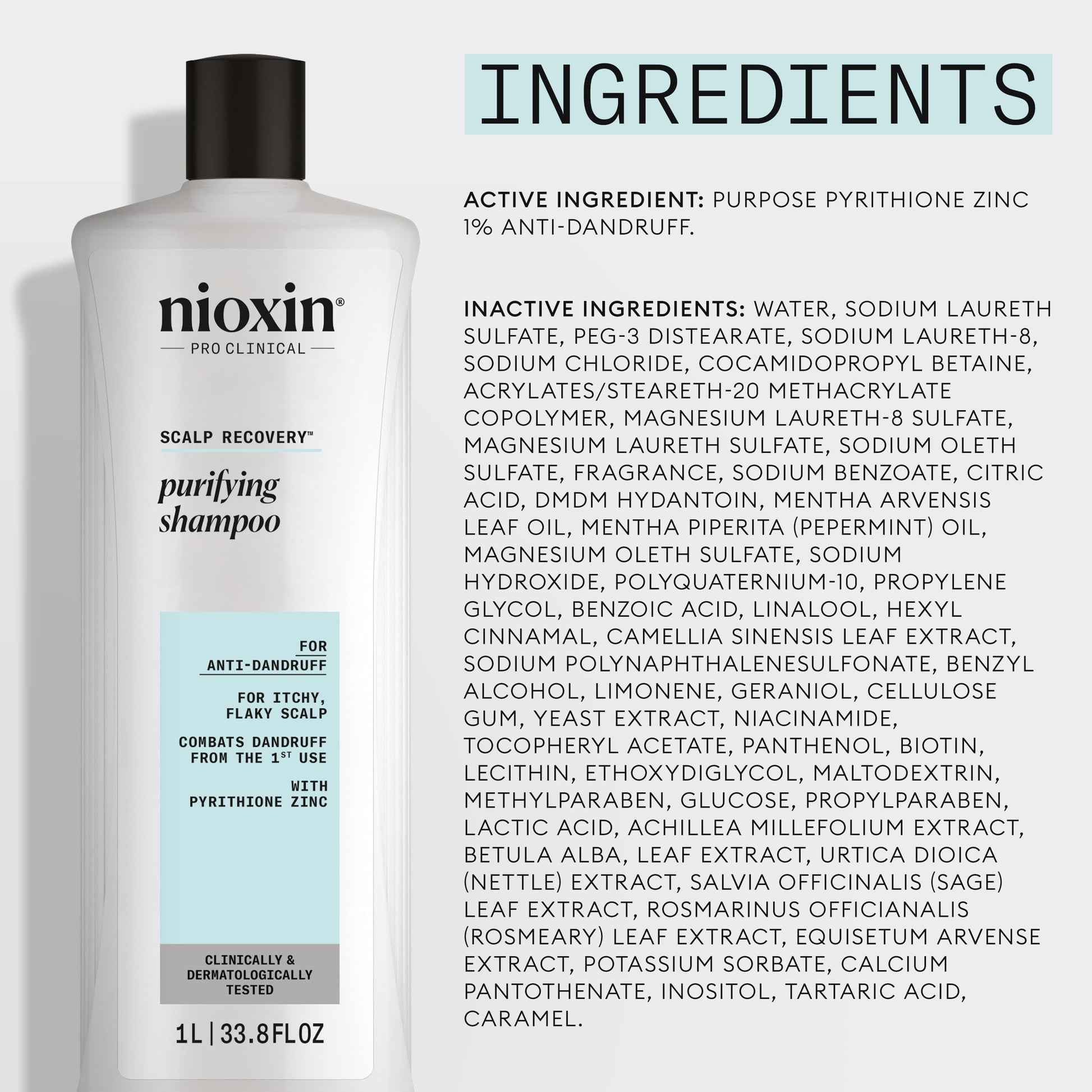 Light Gray Nioxin Scalp Recovery Purifying Shampoo | For Dandruff and Itchy Scalp | With Pyrithione Zinc and Green Tea Extracts| 33.8 Fl oz.