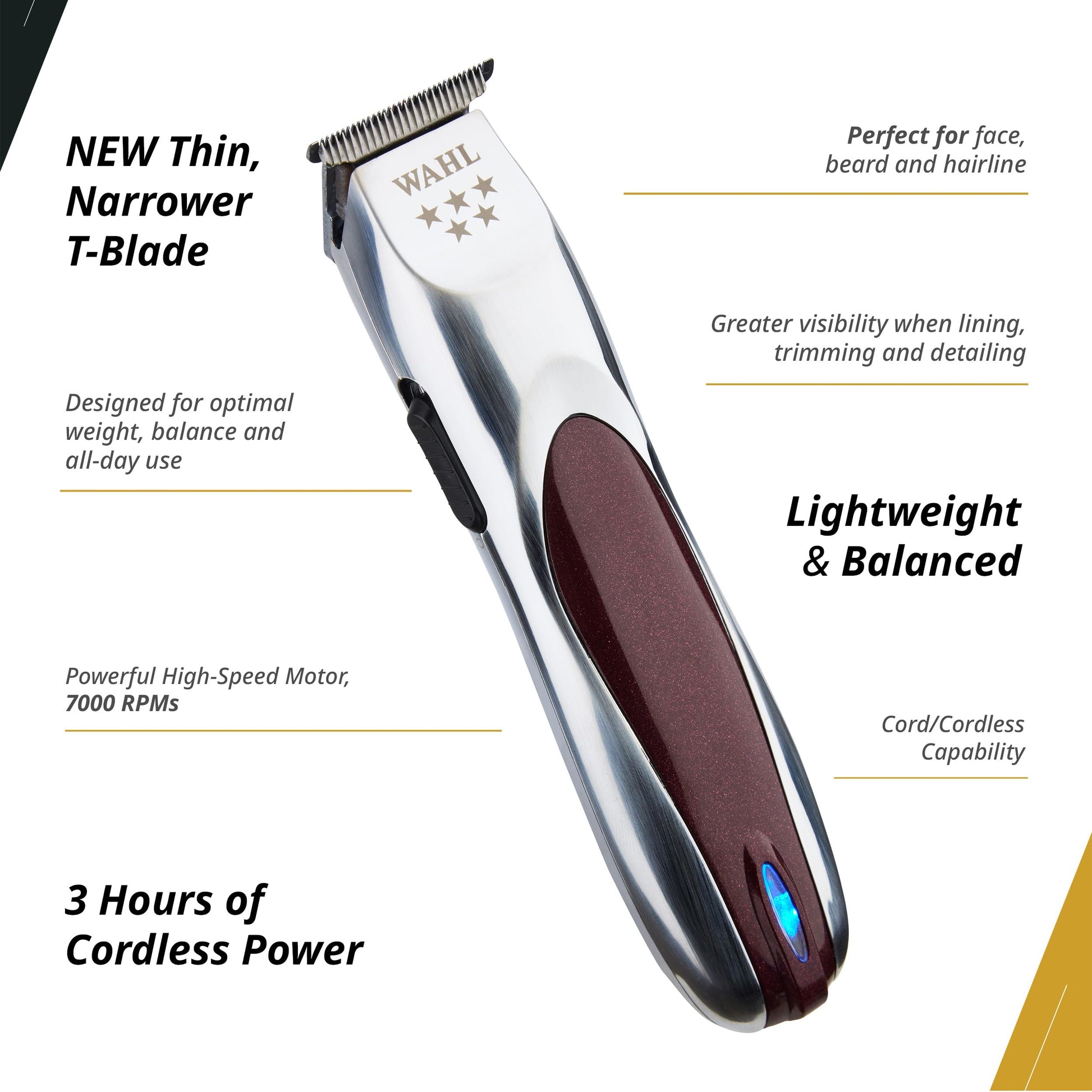 White Smoke Wahl Professional 5 Star Align Trimmer, Narrow T-Blade, High-Speed Rotary Motor, Cordless 180-Minute Run Time