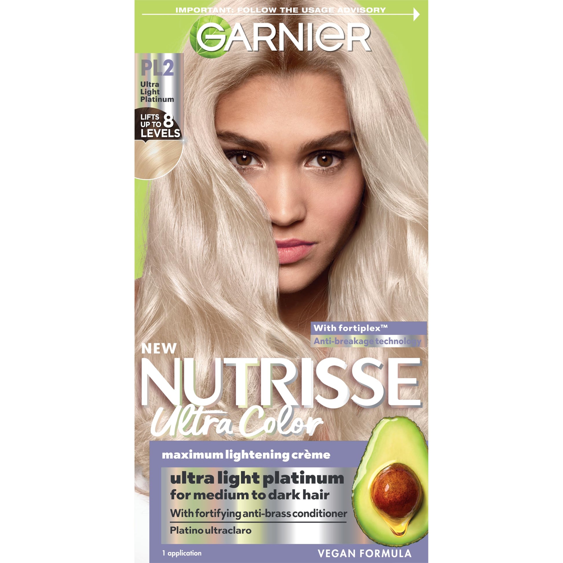 Gray Garnier Nutrisse Ultra Color Hair Color, Permanent Hair Dye for Up to 8 Weeks of Bold, Vibrant, Fade-Resistant Results, Vegan & Cruelty-Free, PL2 Ultra Light Platinum (Mascarpone Crème), 1 Count