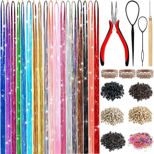 White Smoke Hair Tinsel,18 Colors Hair Tinsel Kit for Girls 7600 Strands Fairy Tinsel Hair Extensions Holographic Hair Tinsel Heat Resistant Colored Hair Glitter Christmas Party Festival (18 Colors)