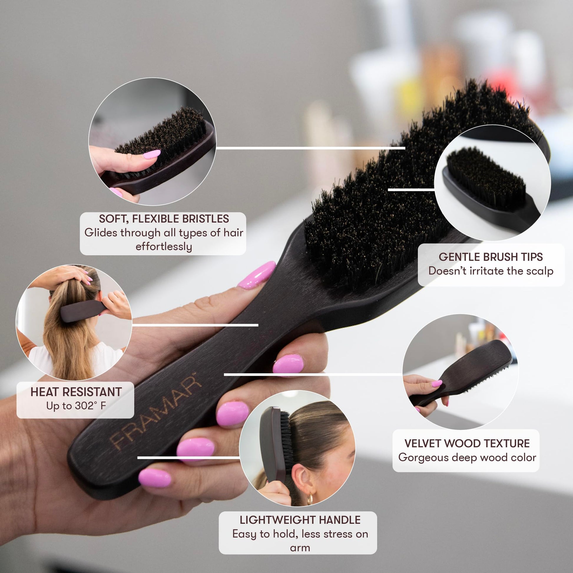 Dark Gray FRAMAR Slick Back Hair Brush Boar Bristles – Slick Back Brush, Smoothing Hair Brush For Women, Boar Bristle Hair Brush For Fine Hair, Slickback Brush For Volume and Shine - Brown Velvet