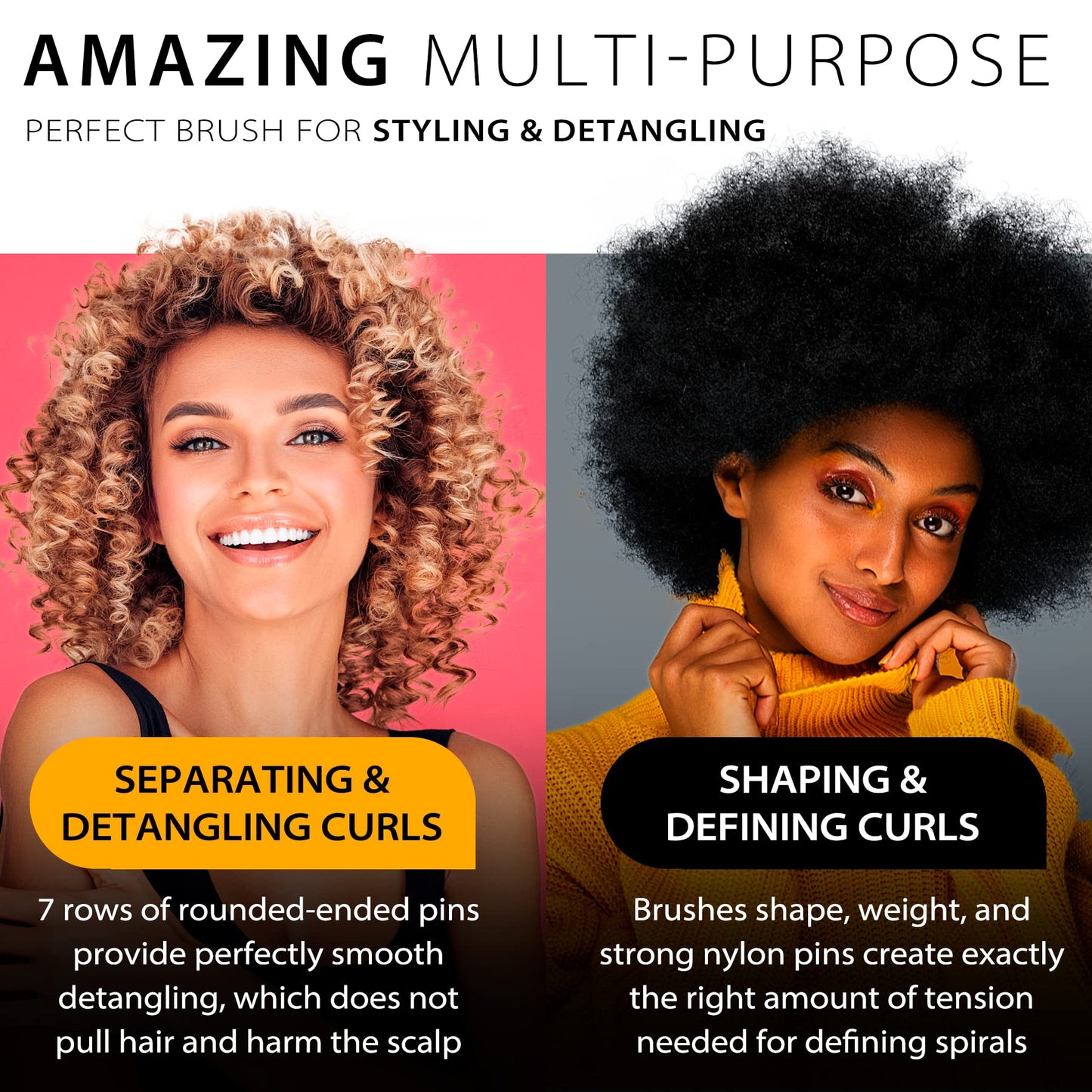 Black Hair Brush for Women Men Curly Wet or Dry Hair Classic Detangling Brushes 7 Row for Natural Thick Hair, Blow Styling Separating, Shaping Defining Curls Tools Travel Bristle Black Hairbrush