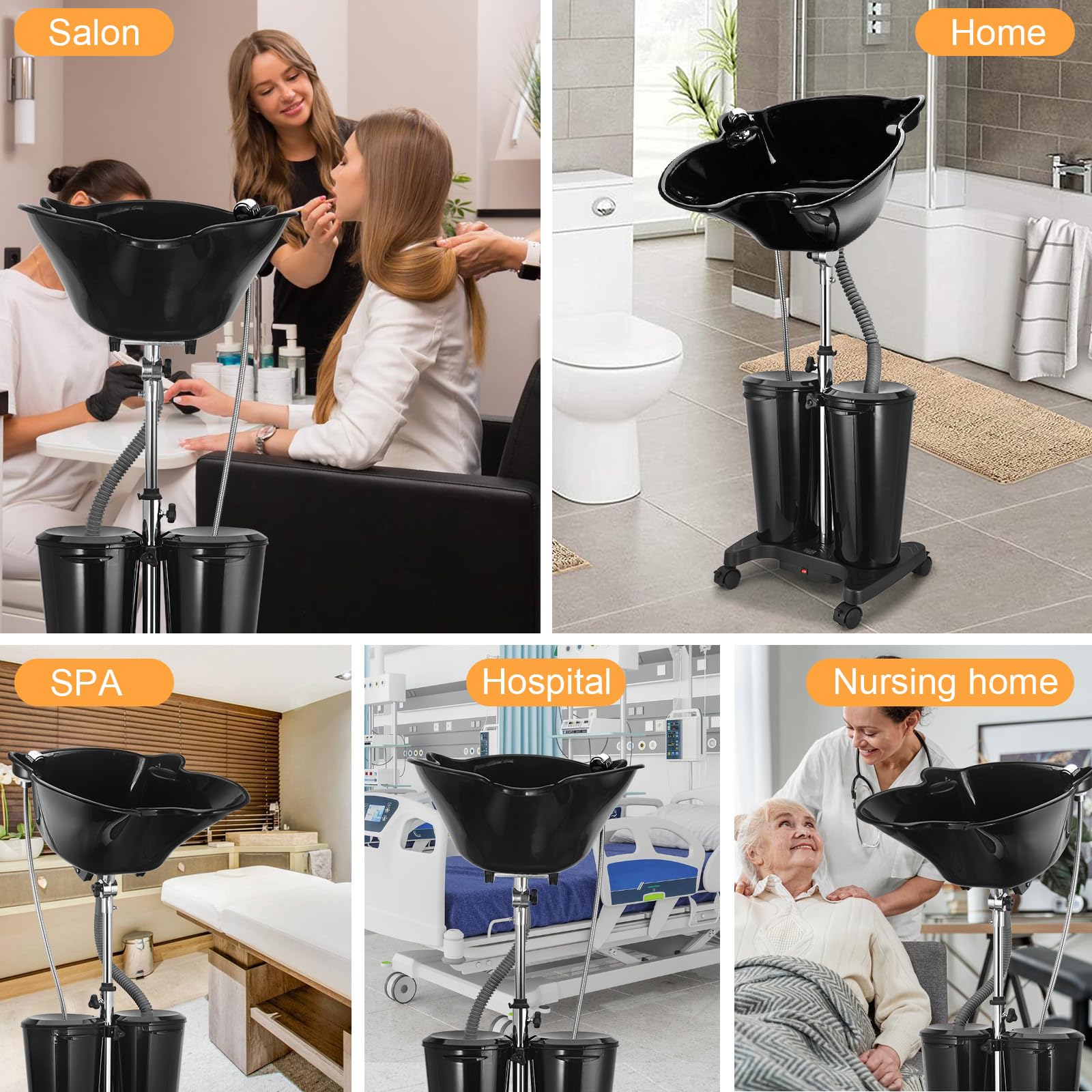 Black Rechargeable Portable Shampoo Bowl with Electric Pump, Adjustable Portable Hair Washing Station with 2 Tanks and Drain Hoses, Basin Height Portable Salon Sink for Home Barber Use