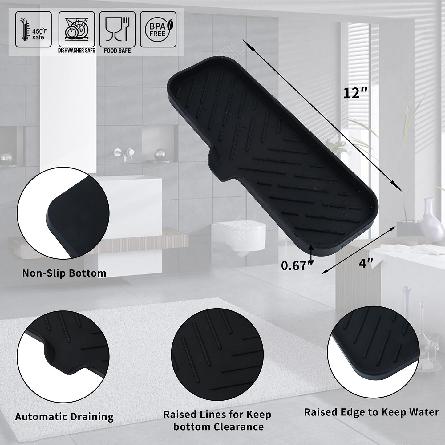 Gray MicoYang Silicone Bathroom Soap Dishes with Drain Spout-Bathroom and Kitchen Sink Organizer,Sponge Holder,Dish Soap Tray,Perfect for Dispenser,Scrubber,Bottle,Cup on Sink or Counter-Black 12"×4"