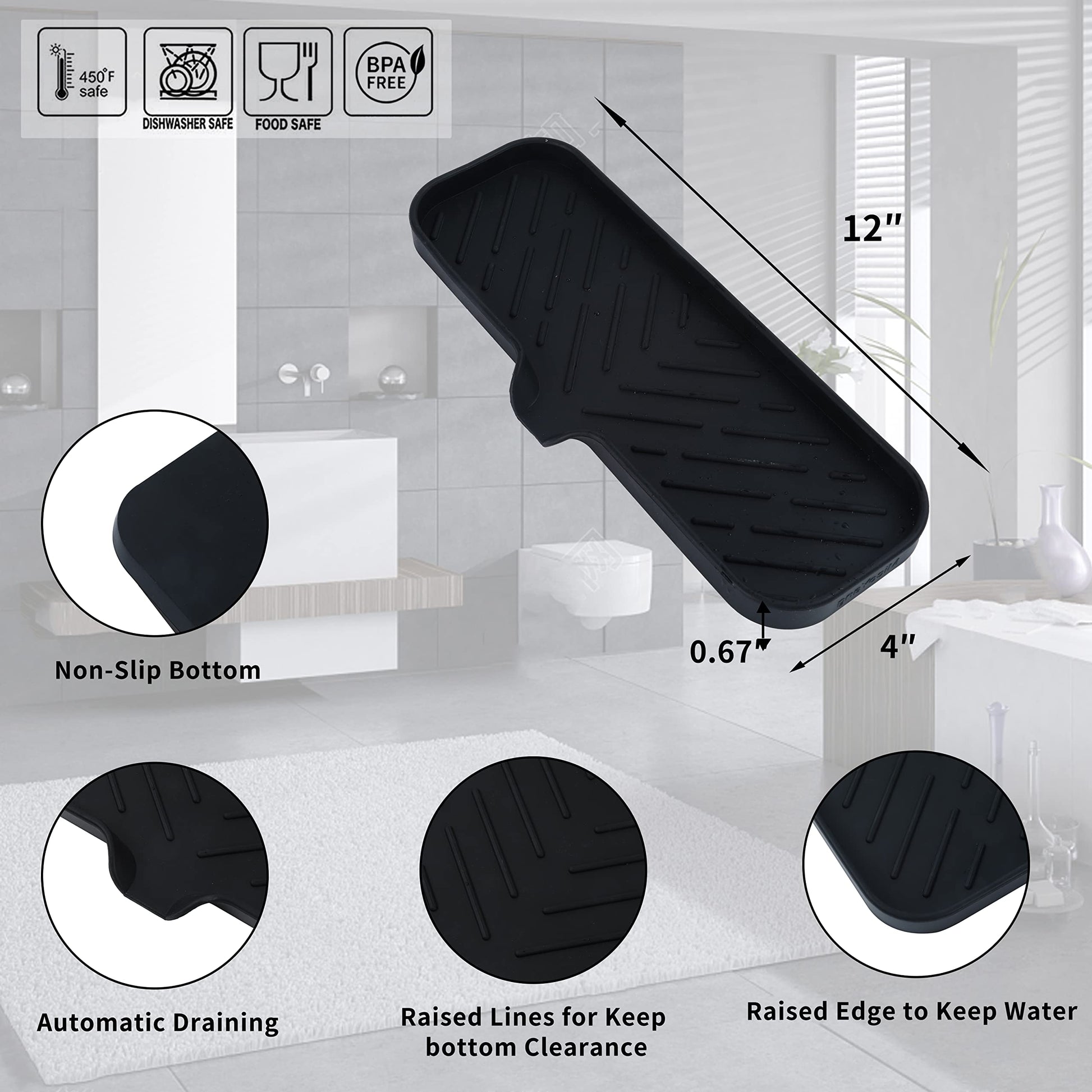 Gray MicoYang Silicone Bathroom Soap Dishes with Drain Spout-Bathroom and Kitchen Sink Organizer,Sponge Holder,Dish Soap Tray,Perfect for Dispenser,Scrubber,Bottle,Cup on Sink or Counter-Black 12"×4"
