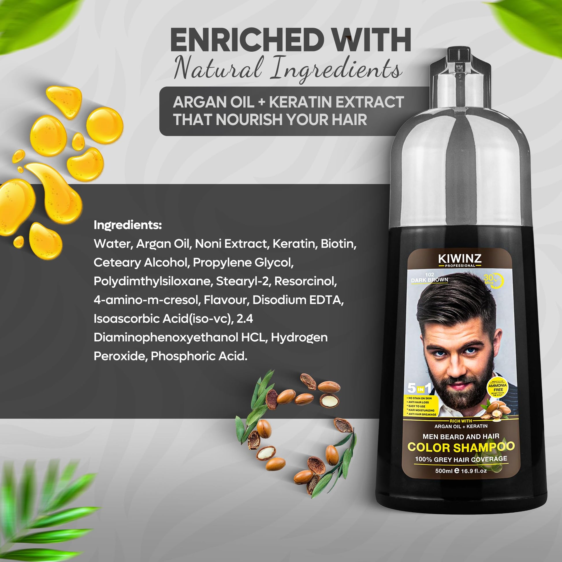 Dark Slate Gray Kiwinz Professional Dark Brown Hair Color Shampoo for Men – 5 in 1 Hair Dye Shampoo for Grey Hair - Instant Hair Dye with 100% Color Accuracy with Natural Ingredients - Ammonia Free - 500ml