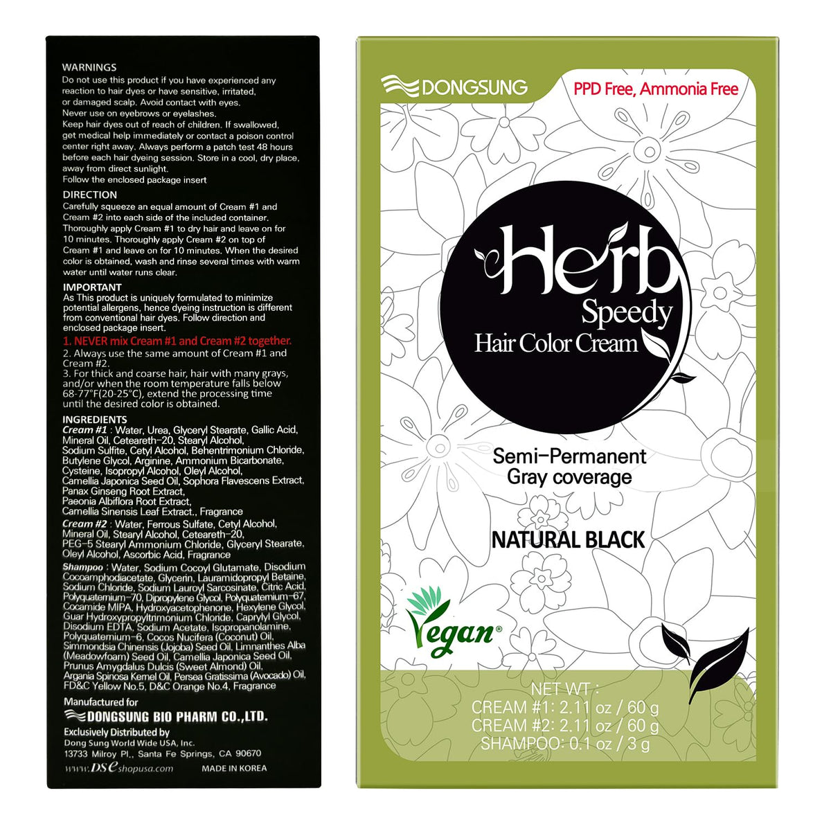 White Smoke Herb Speedy Color Cream (Natural Black 1Pack), Korean Herbal Vegan Hair Dye
