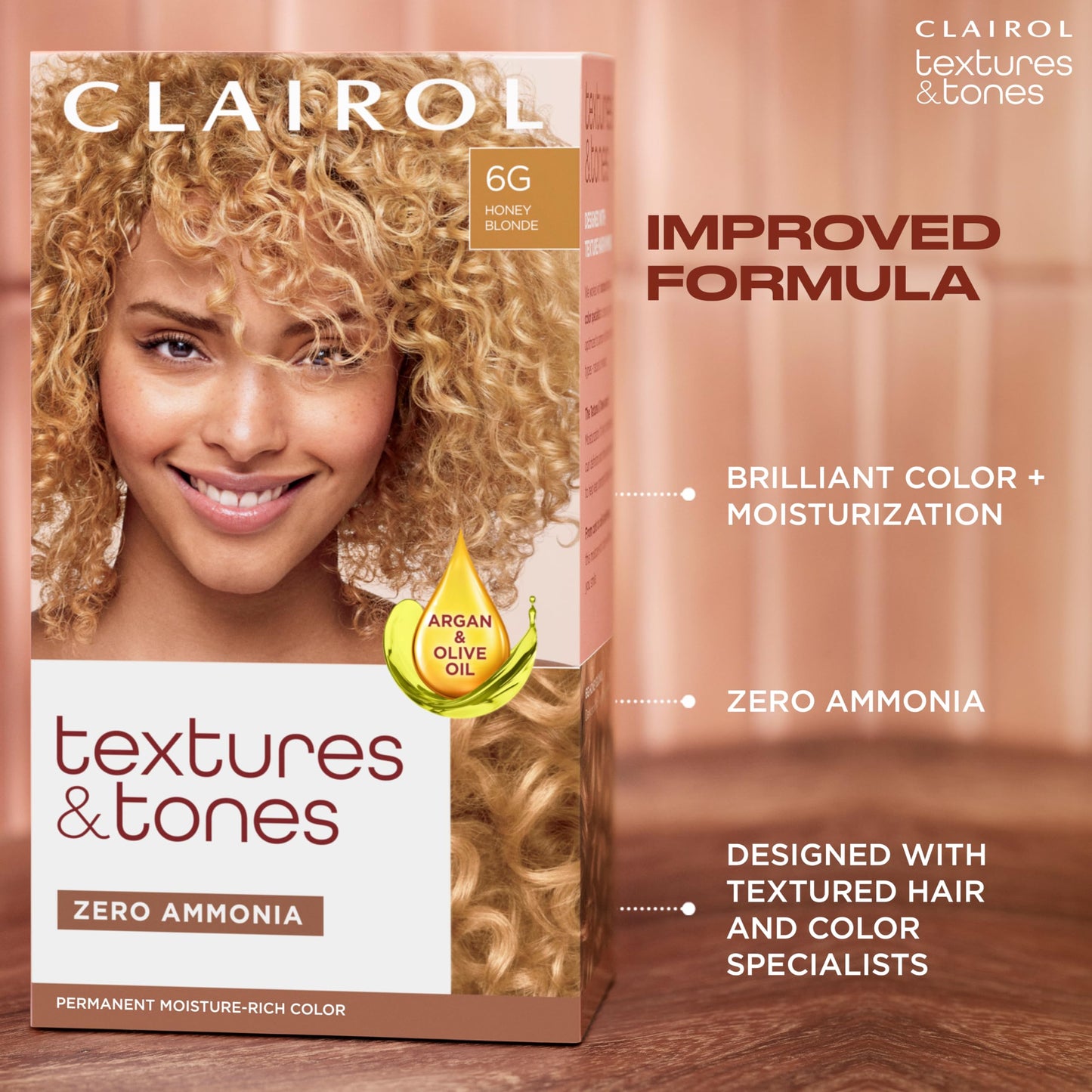 Tan Clairol Textures & Tones Permanent Hair Dye, 6G Honey Blonde Hair Color| Ammonia Free | Moisture-Rich Formula with Argan, and Olive Oil for Brilliant Shine | Pack of 1