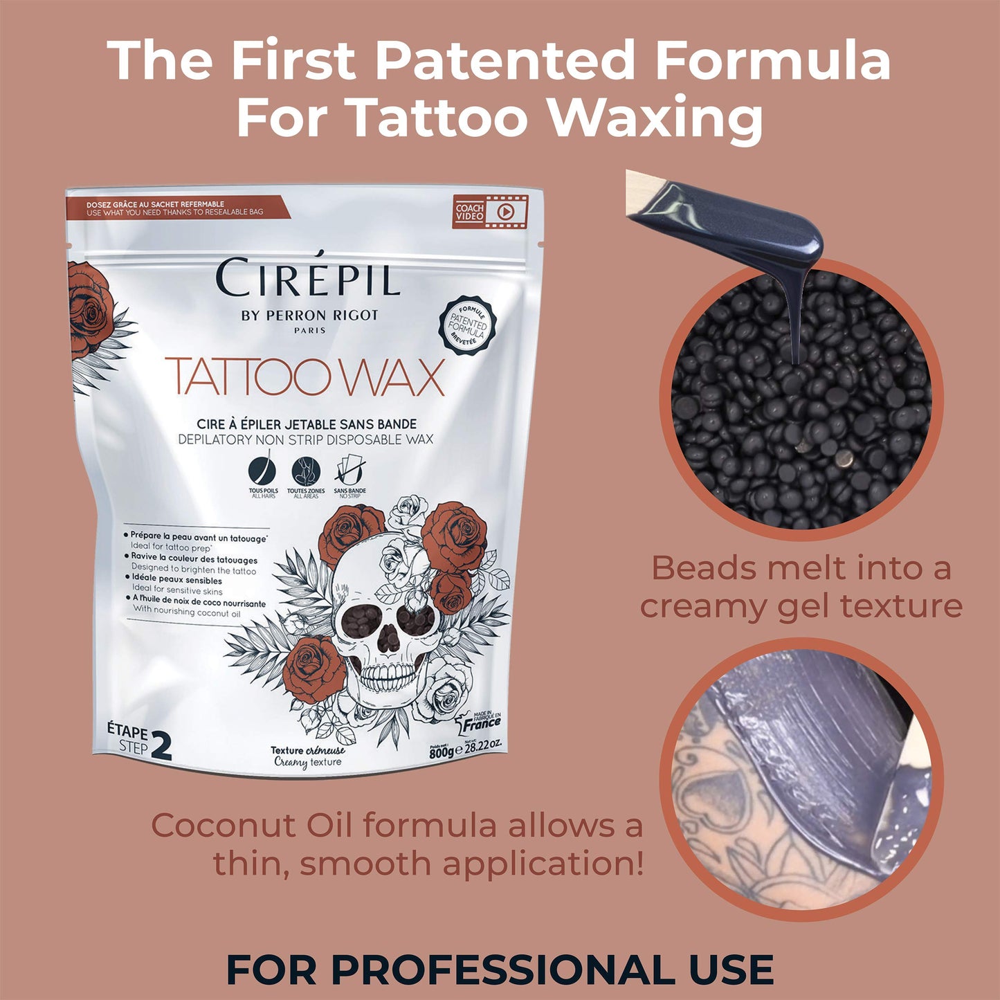 Rosy Brown Cirepil - TATTOO - Sublim Care - 800g, 28.22oz Patented Wax Beads for Tattooed Areas - Illuminates, Redefines & Brightens Skin