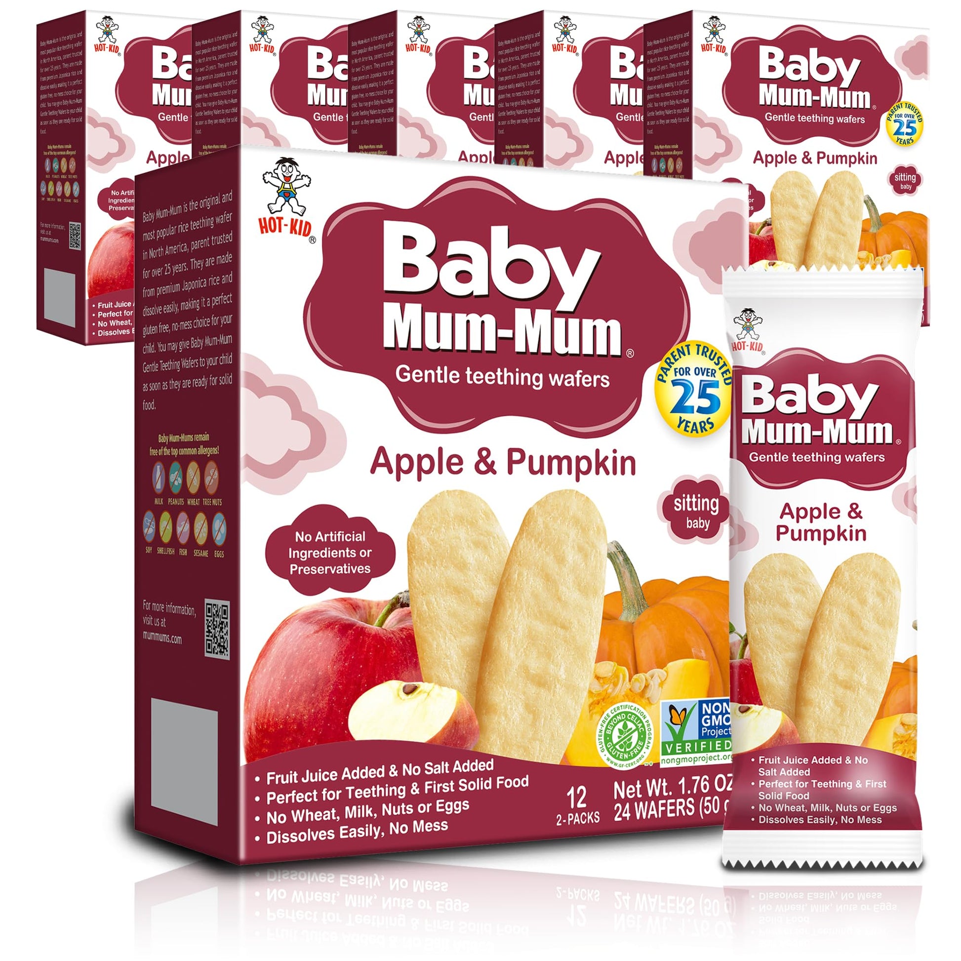 White Smoke Hot-Kid Baby Mum-Mum Rice Rusks, Apple & Pumpkin, 24 Pieces (Pack of 6) Gluten Free, Allergen Free, Non-GMO, Rice Teether Cookie for Teething Infants