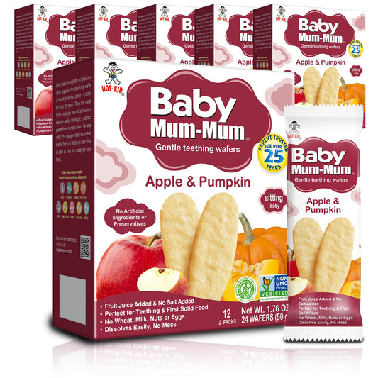 White Smoke Hot-Kid Baby Mum-Mum Rice Rusks, Apple & Pumpkin, 24 Pieces (Pack of 6) Gluten Free, Allergen Free, Non-GMO, Rice Teether Cookie for Teething Infants