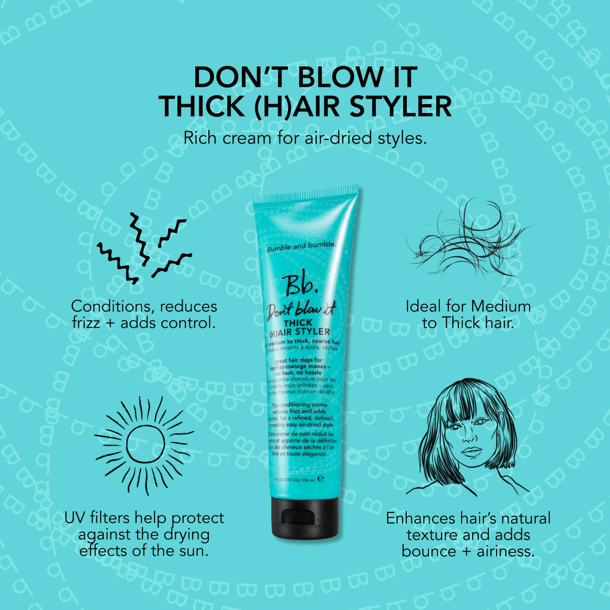 Medium Turquoise Bumble and bumble. Don't Blow It Thick (H) air Styler Air Dry Cream | Anti Frizz Hair Cream | Adds Hydration and Light Hold |For Medium to Thick Curly, Wavy, Straight Hair Types, 5 Fl Oz
