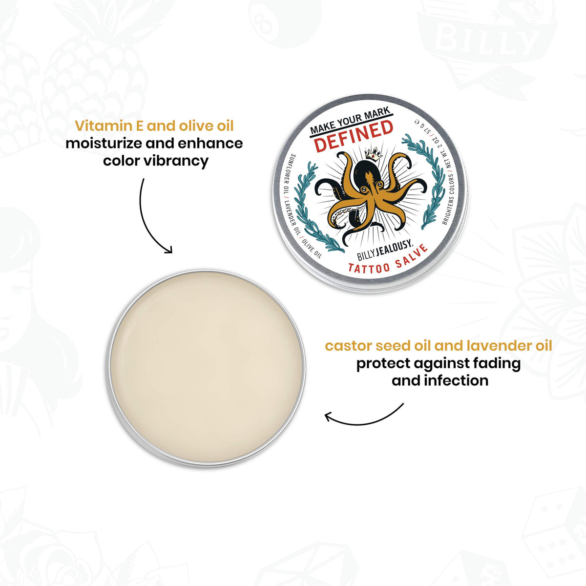 White Smoke Billy Jealousy Make Your Mark Defined Tattoo Salve, Tattoo Aftercare with Vitamin E and Soybean & Lavender Oils, Protects, Deeply Nourishes, and Enhances Vibrancy, 2 oz
