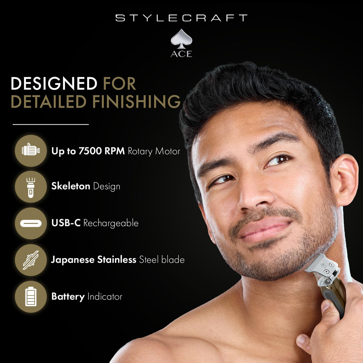 Black STYLECRAFT Ace Cordless Hair Trimmer, Slim Compact, Up to 7500 RPM Motor