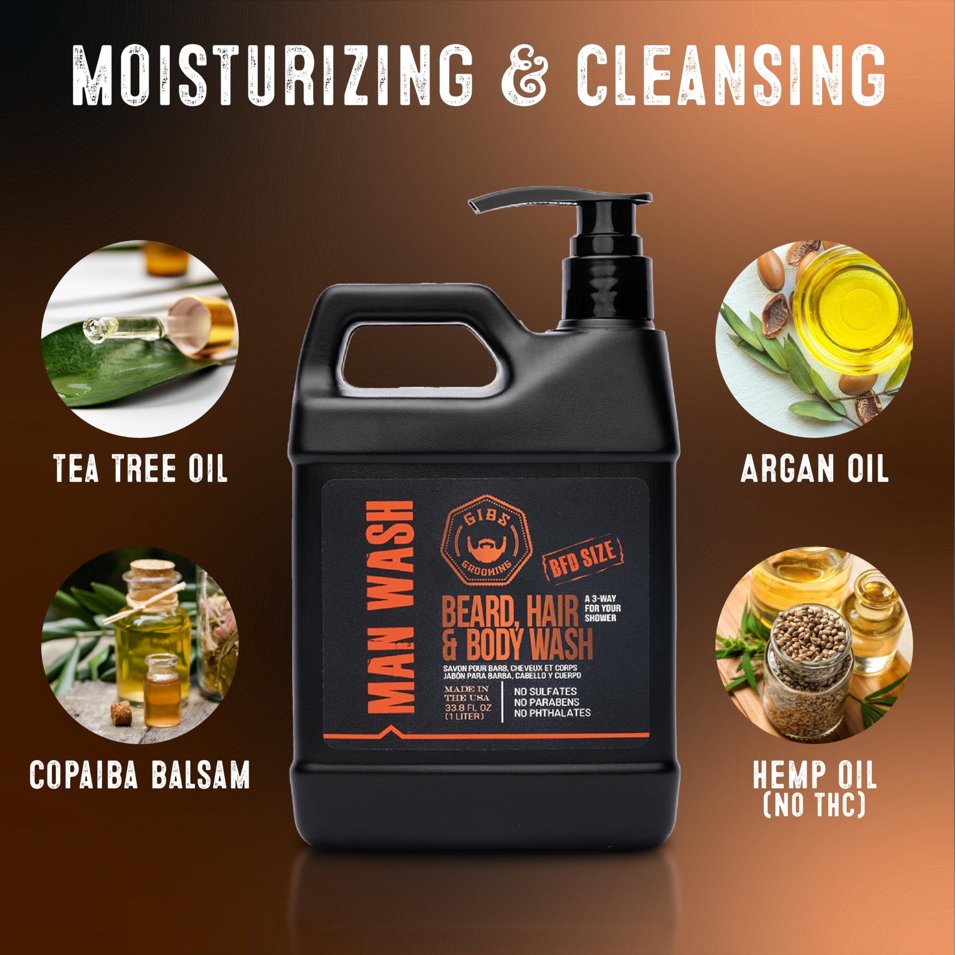 Dark Red GIBS Grooming - Amber Man Wash (12 fl oz) 3-in-1 Beard, Hair, Body Soap - Citrus, Oak, Basil Scent - Sulfate Free - Tea Tree Oil, Hemp Oil, Protein - Mens Body Wash & Mens Shampoo - Made in USA