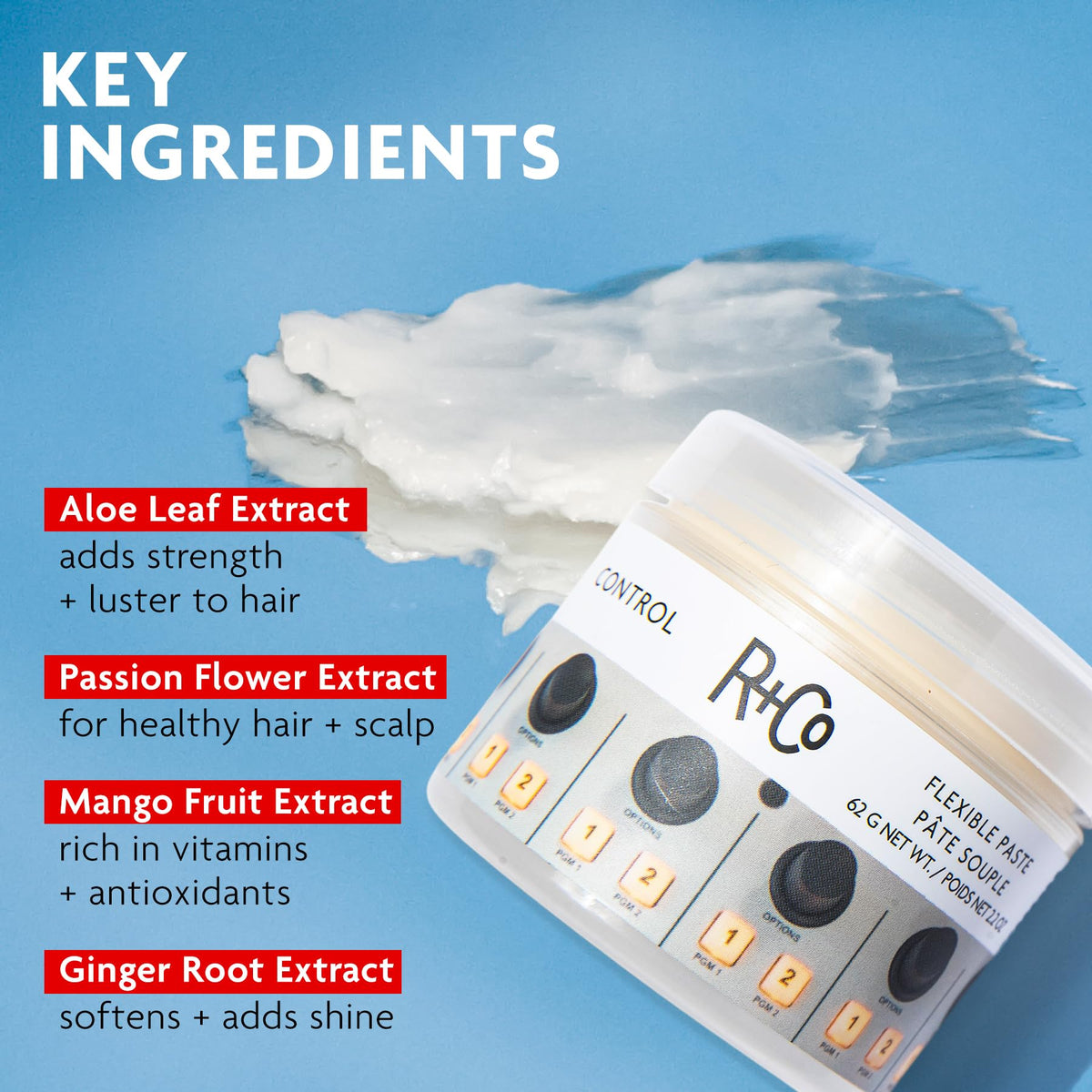 Cornflower Blue R+Co CONTROL Flexible Paste, 2.2 oz/62 G, Relative Paradise Scent