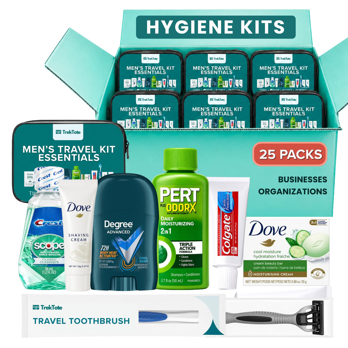 White Smoke Bulk Hygiene Kit for Men Premium Name Brand Care Package Outreach (25 Pack)