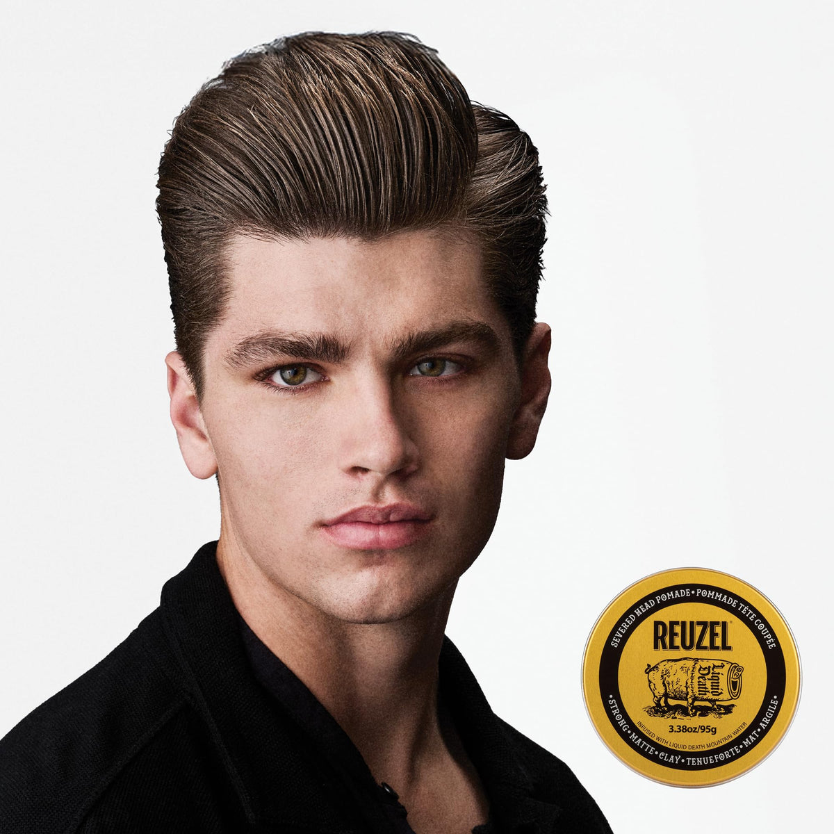REUZEL and Liquid Death Severed Head Matte Clay Pomade, Strong All Day Hold, Water Soluble, Matte Finish and Non-Greasy Formula, Easy To Wash Out, For All Hair Types, 3.38 oz
