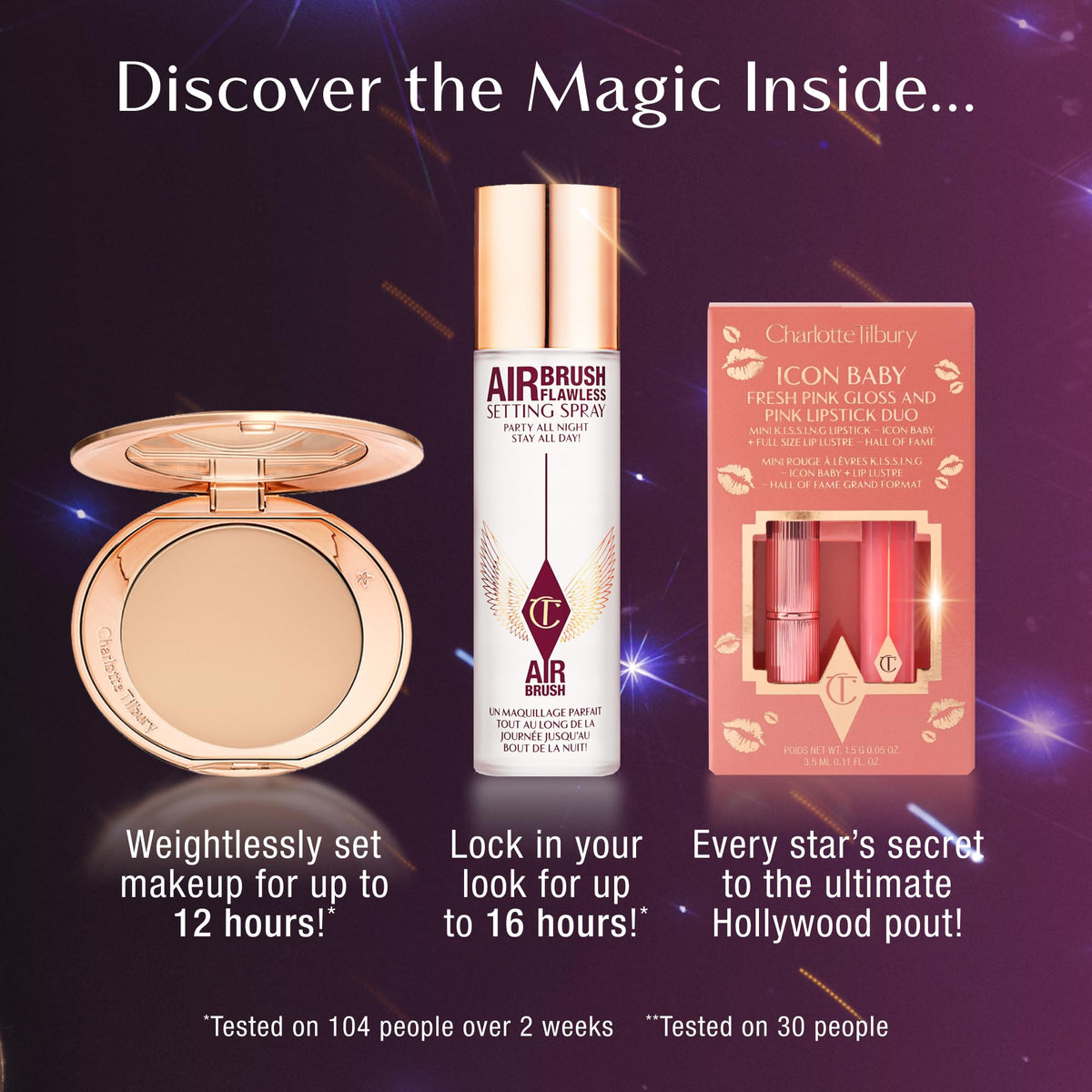 Black Charlotte Tilbury Holiday Kit - AIRbrush Flawless Setting Spray + AIRbrush Flawless Finish + Icon Baby Lip Duo - Hydrating Mist & Pressed Setting Powder Kit with Pink Lipstick Gloss Set
