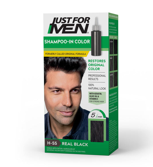 White Smoke Just For Men Shampoo-In Color (Formerly Original Formula), Mens Hair Color with Keratin and Vitamin E for Stronger Hair - Real Black, H-55, Pack of 1
