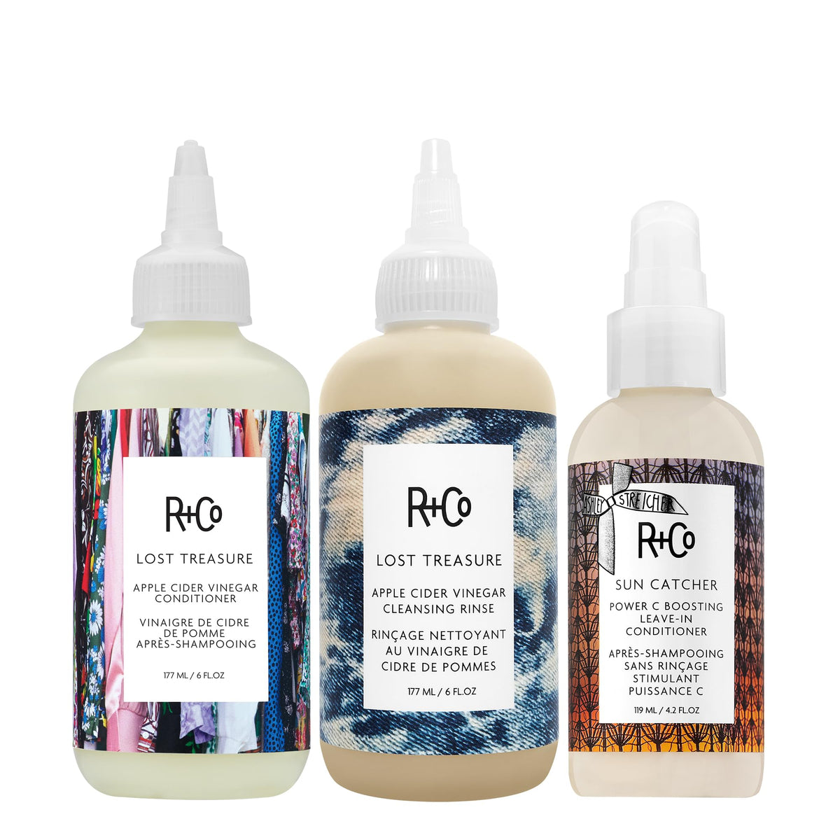 White Smoke R+Co LOST TREASURE Rinse, Conditioner + CANDY STRIPE Detangling Spray