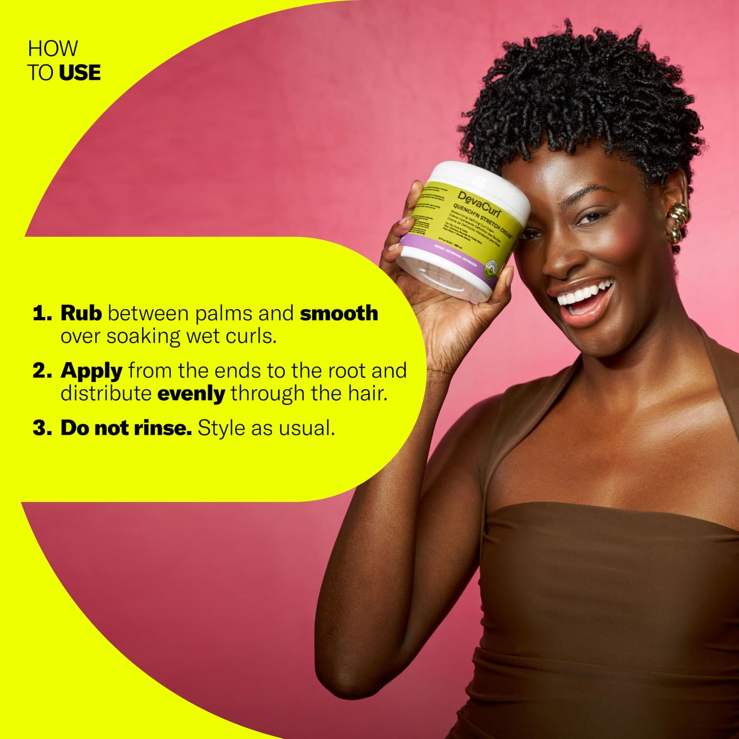 Yellow DevaCurl Quench'n Stretch Cream Mositurizing Defining Curl Cream, 12 oz | Improves Curl Definition | Non-Crunchy | Non-Stiff