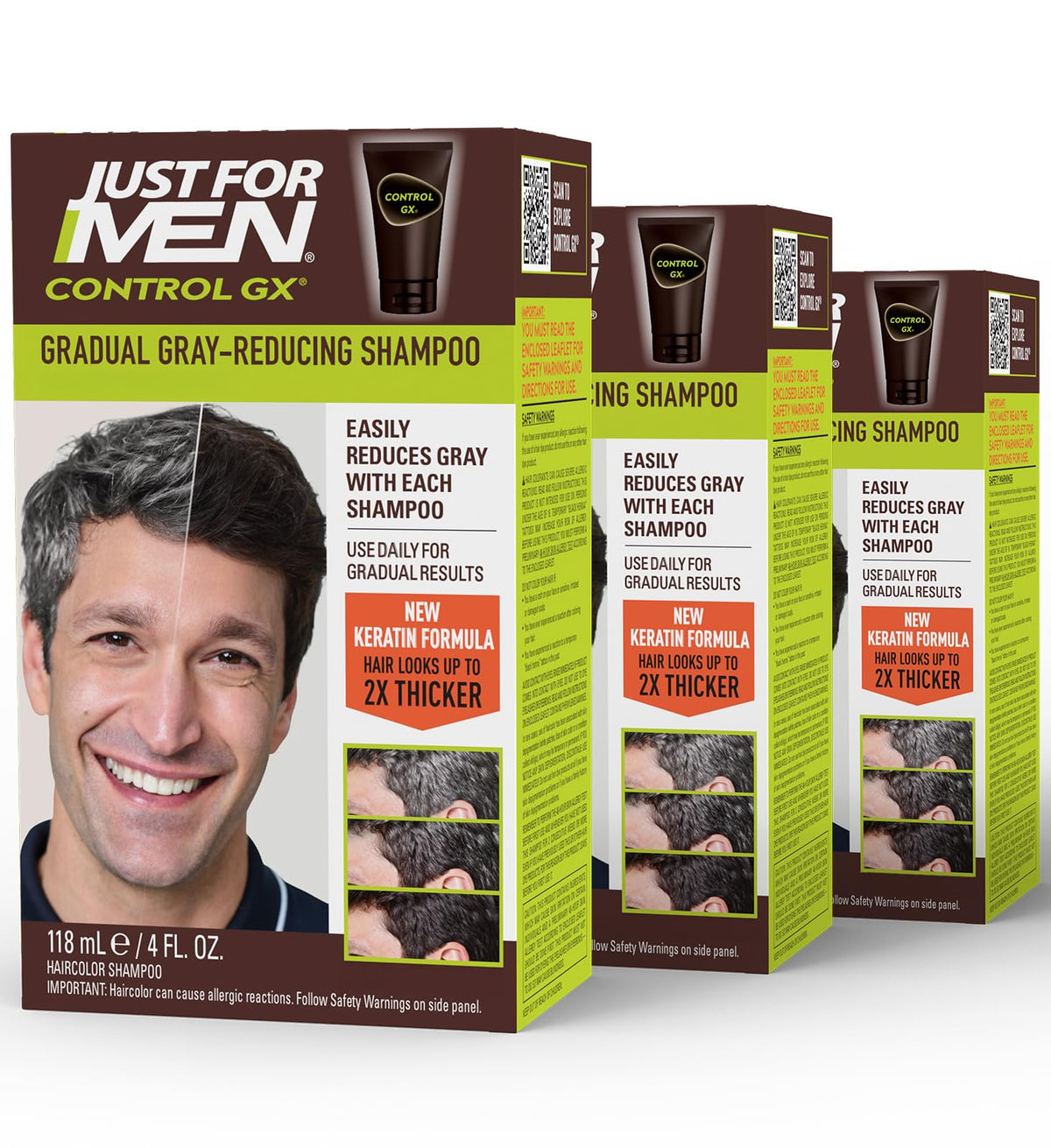 White Smoke Just for Men Control GX Gray Reducing Shampoo, Keratin, 4 Fl Oz (3 Pack)