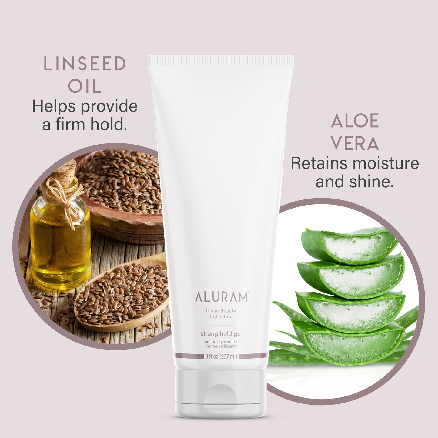 Light Gray ALURAM Strong Hold Gel, Silicone-Free Hair Styling Gel, Infused with Linseed Oil and Aloe Vera for Moisture and Shine, 8 Oz
