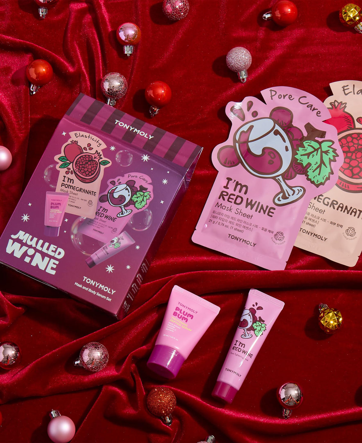 Dark Red TONYMOLY Holiday Skincare Gift Set Collection – 4-Piece K-Beauty Self-Care Sets with Hydrating Sheet Masks, Hand Creams & Wash-Off Masks – Coffee, Mulled Wine & Rose