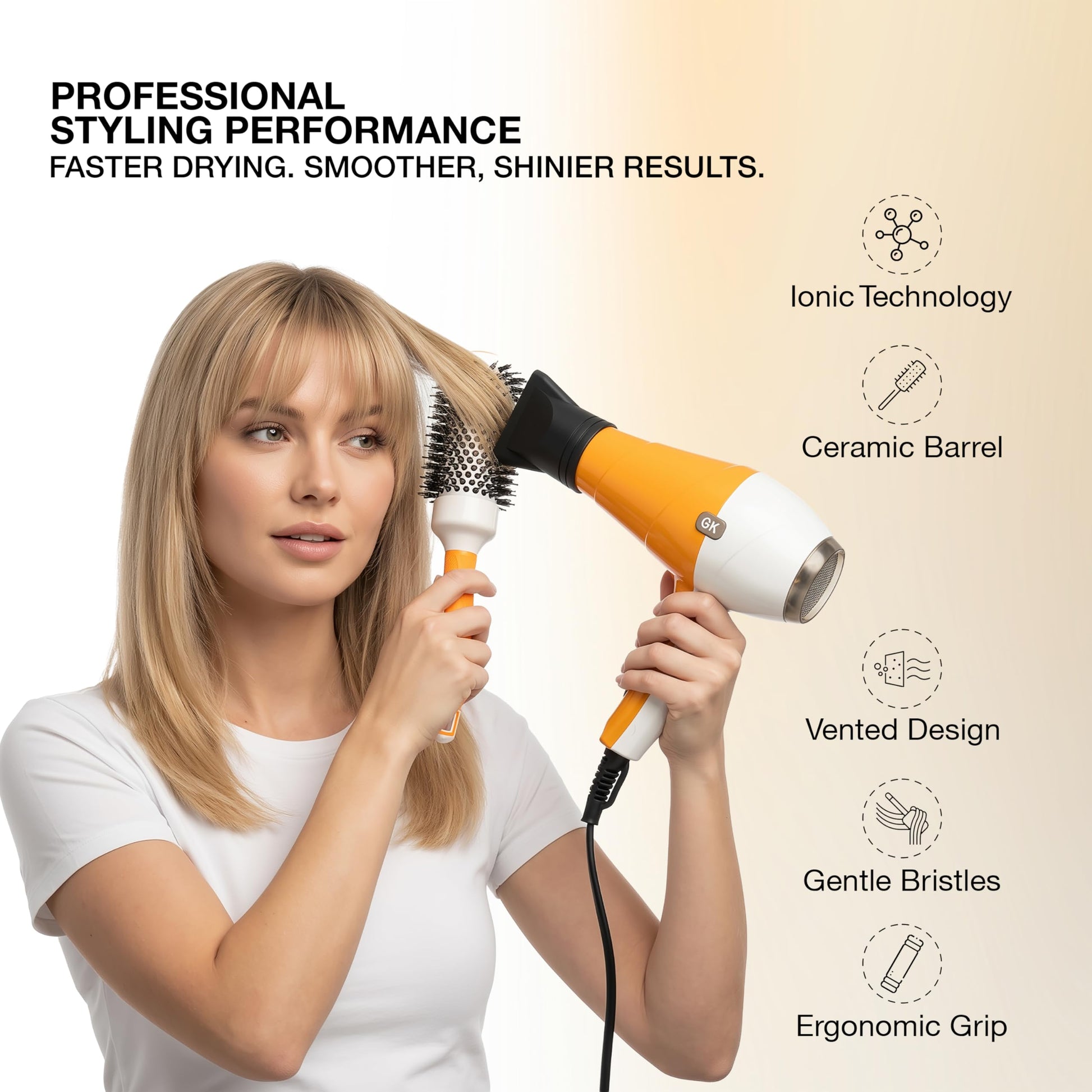 White Smoke GK HAIR Global Keratin Professional Large Thermal Extra Round Brush 43mm Ceramic Coated Barrel Anti Static Frizz Control Blow Drying Styling Detangling for Long Short Curly Tangle Straight Hair Unisex