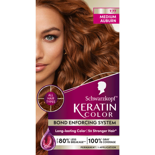 Dark Red Schwarzkopf Keratin Permanent Hair Dye Cream, 7.7 Medium Auburn, Professional Quality Color for Up to 100% Gray Coverage, Bond Enforcing System