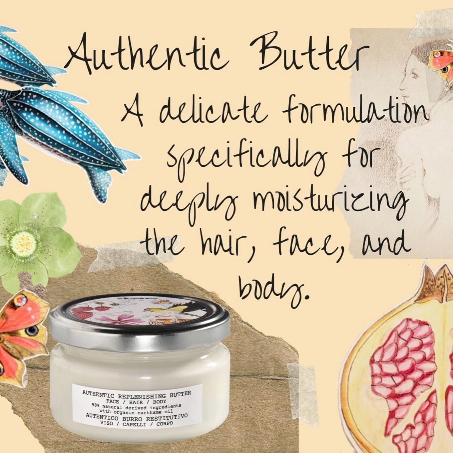 Wheat Davines Authentic Replenishing Butter, Deep Nourishing Mask for Face, Hair & Body - 98% Natural Shea Butter Formula - Restores Dry Skin & Damaged Hair, 6.76 Fl Oz
