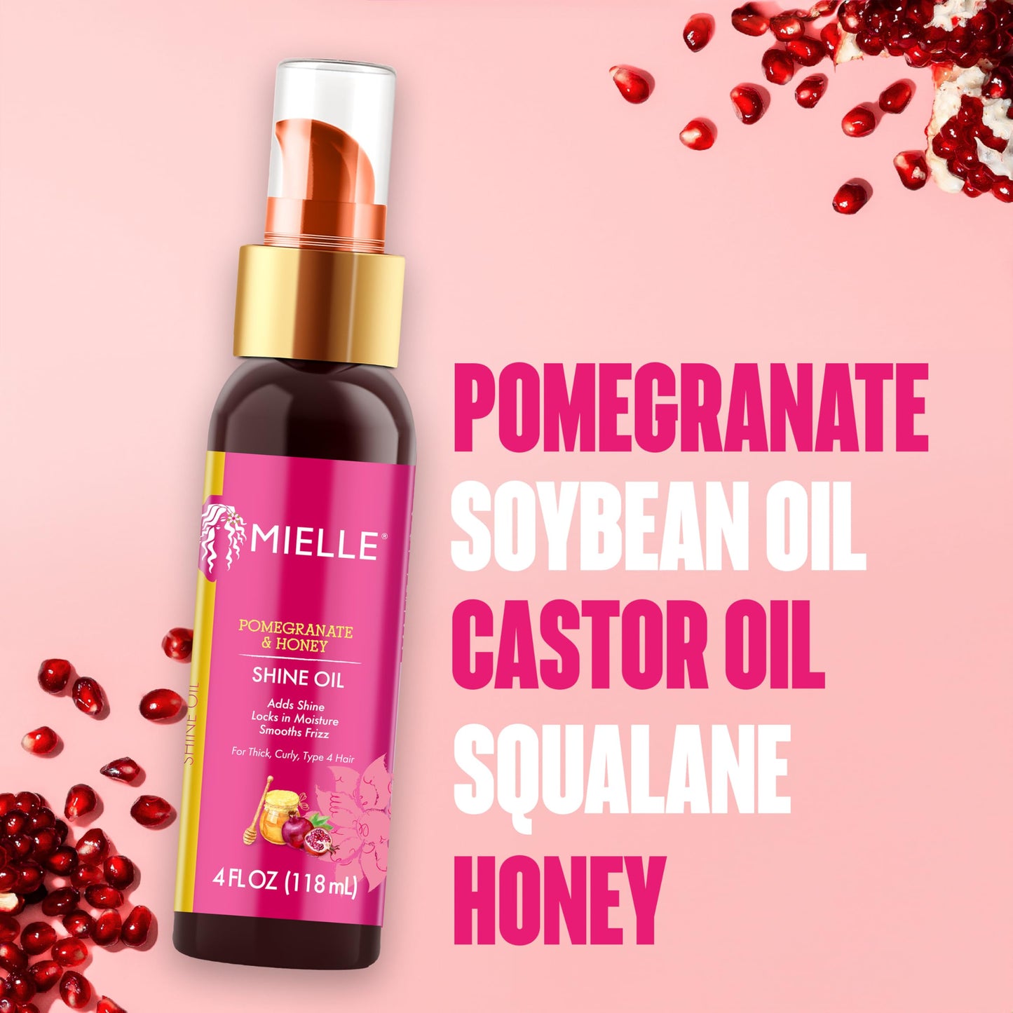 Pink Mielle Organics Pomegranate & Honey Shine Oil, Lightweight Hair Oil for Curly & Coily Hair, Adds Shine, Locks in Moisture, Smooths Frizz, Heat Protection, Non-Greasy Finish, Type 4 Hair, 4 fl oz