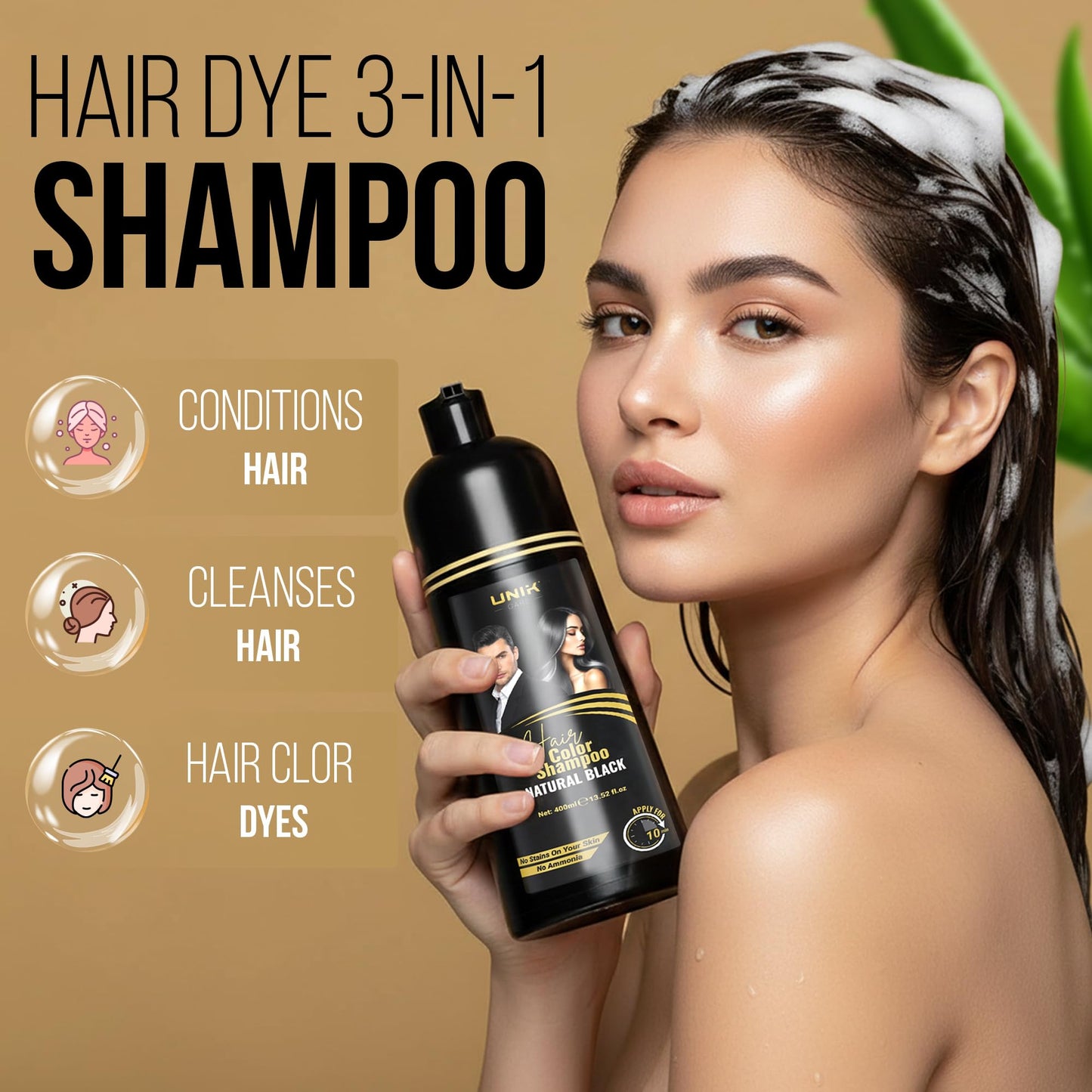 Dark Khaki UNIK Care Hair Dye Shampoo 400ml – 3 in 1 Natural Colour Shampoo for Grey Hair – Ammonia-Free Hair Dye for Women & Men (Natural Black)