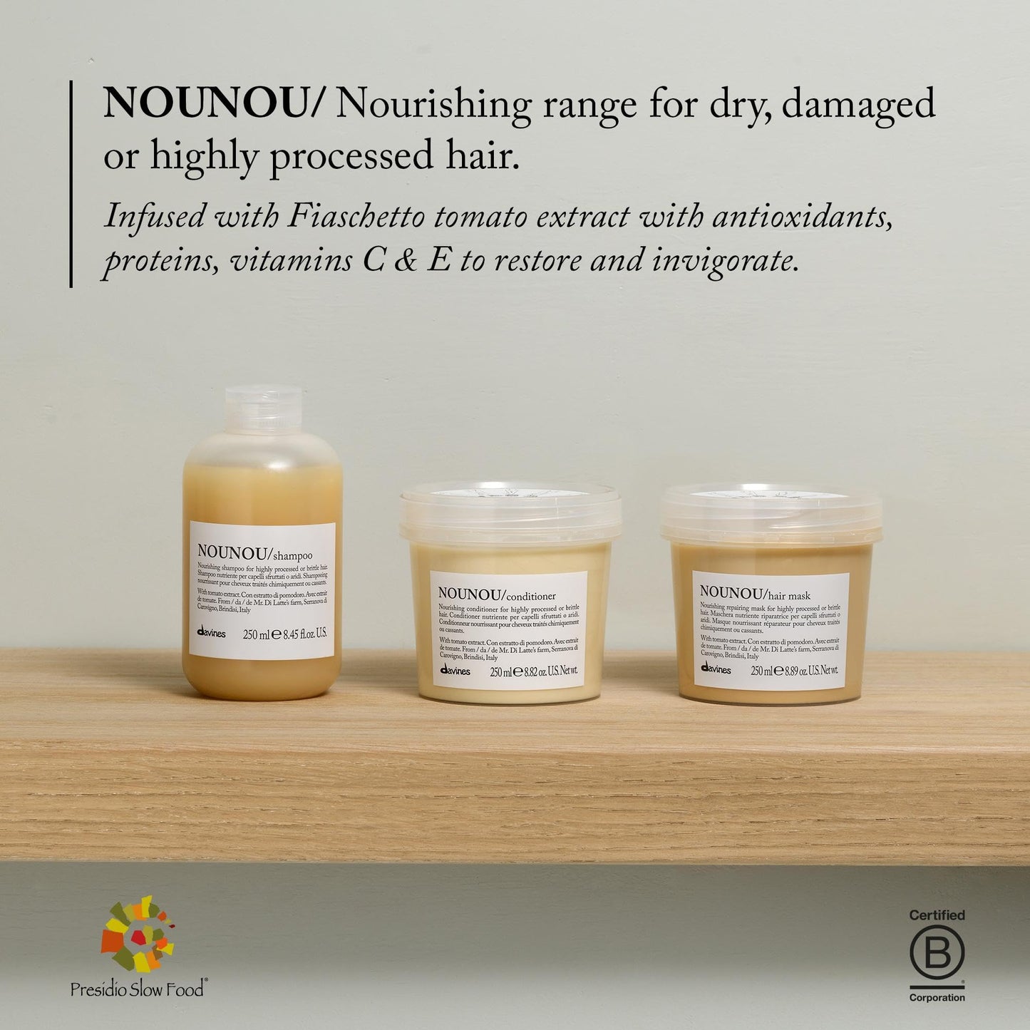 Gray Davines NOUNOU Shampoo, Hydrating Gentle Cleansing Action for Highly-Processed, Chemically Treated, Dry, Damaged or Brittle Hair - Deep Nourishment Restores Softness with Tomato Extract, 8.45 Fl Oz